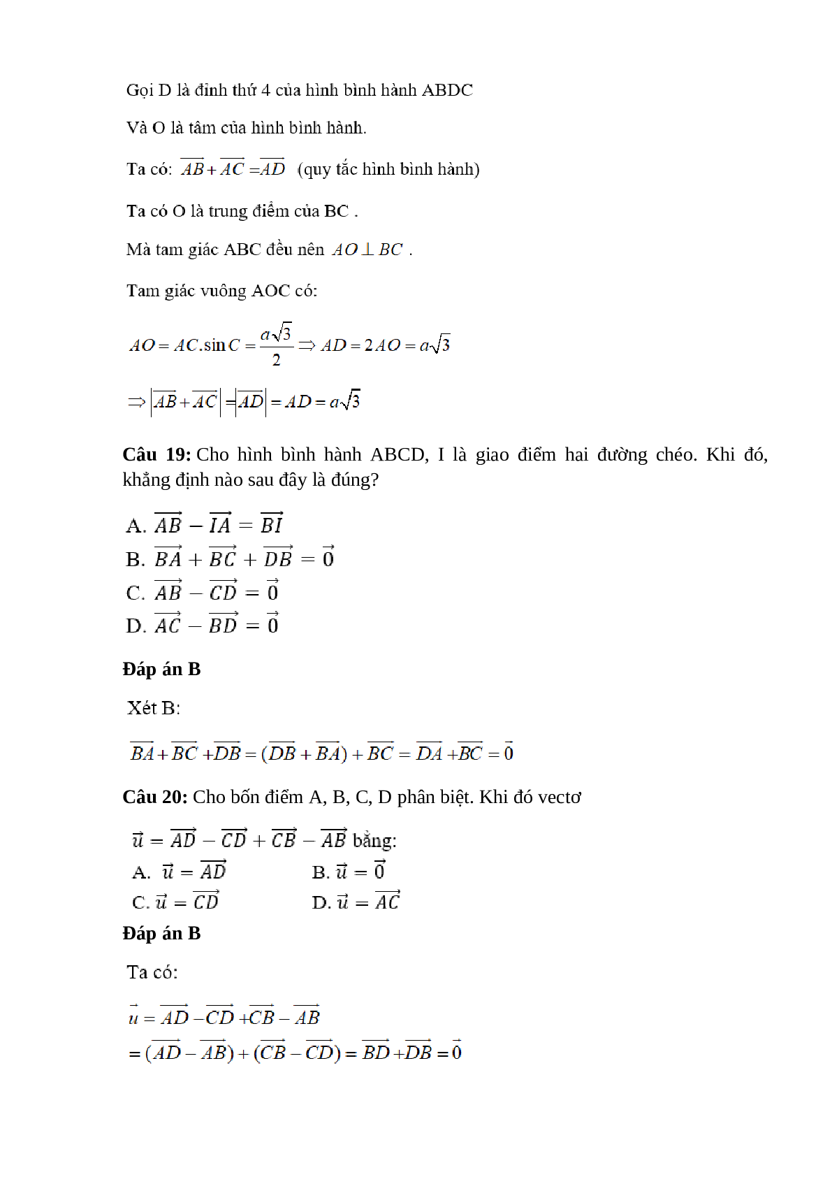Trắc nghiệm Tổng và hiệu của hai vectơ (phần 2) có đáp án – Toán lớp 10 (trang 4)