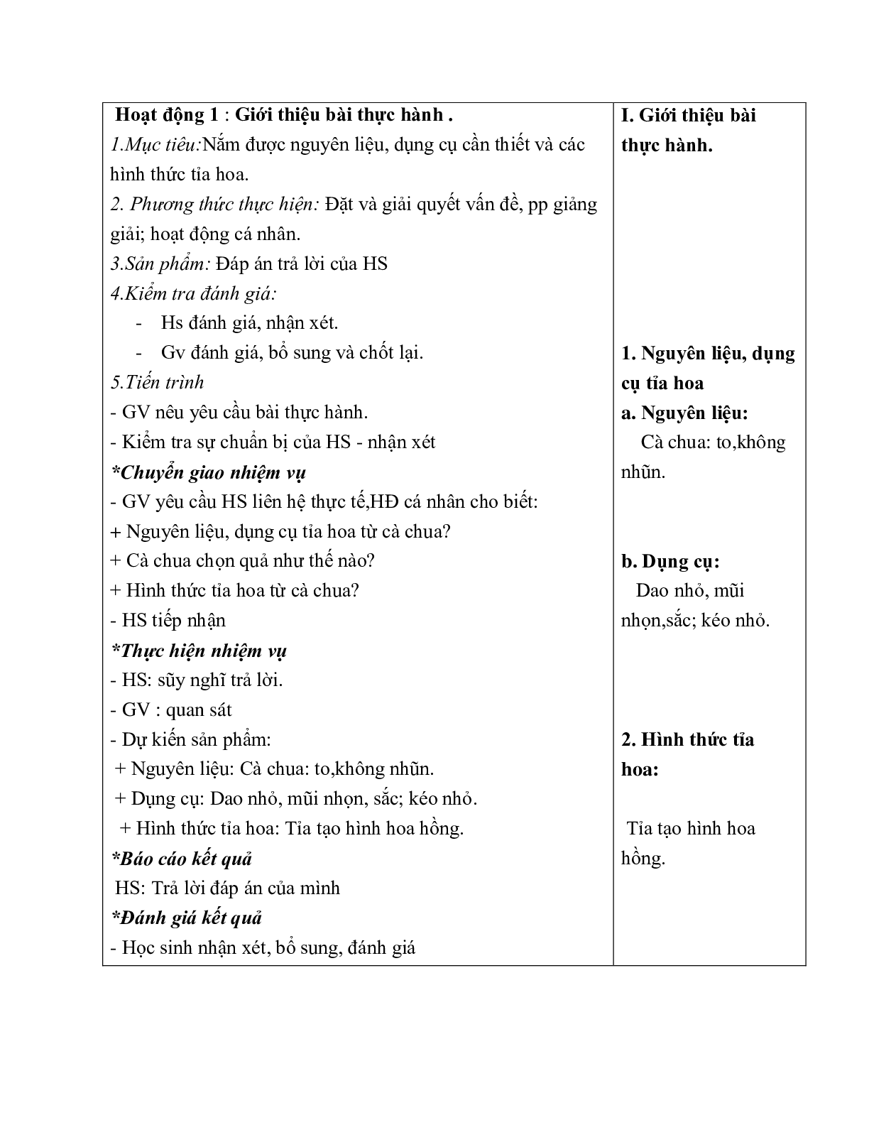 GIÁO ÁN CÔNG NGHỆ 6 BÀI 24: TH TỈA HOA TRANG TRÍ MÓN ĂN TỪ MỘT SỐ LOẠI RAU, CỦ, QUẢ (T3) MỚI NHẤT (trang 3)