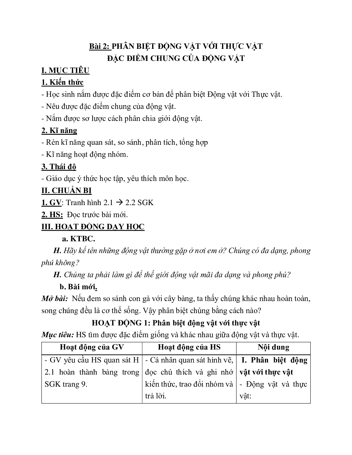 Giáo án Sinh học 7 Bài 2: Phân biệt động vật với thực vật. Đặc điểm chung của động vật mới nhất - CV5512 (trang 1)