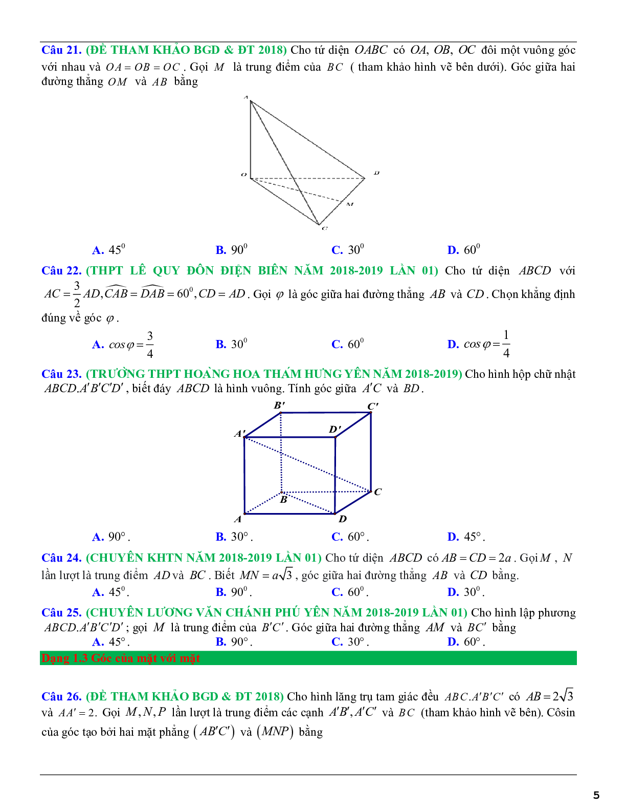 Các dạng toán góc và khoảng cách thường gặp trong kỳ thi THPTQG (trang 5)
