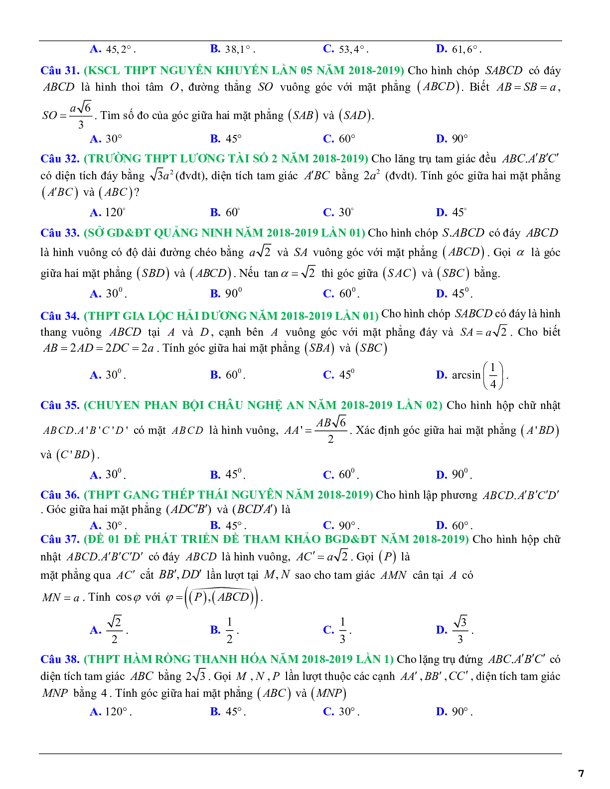 Các dạng toán góc và khoảng cách thường gặp trong kỳ thi THPTQG (trang 7)