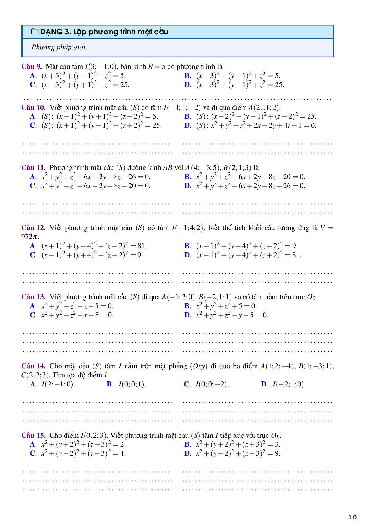 Bài tập trắc nghiệm về phương pháp tọa độ trong không gian (trang 10)