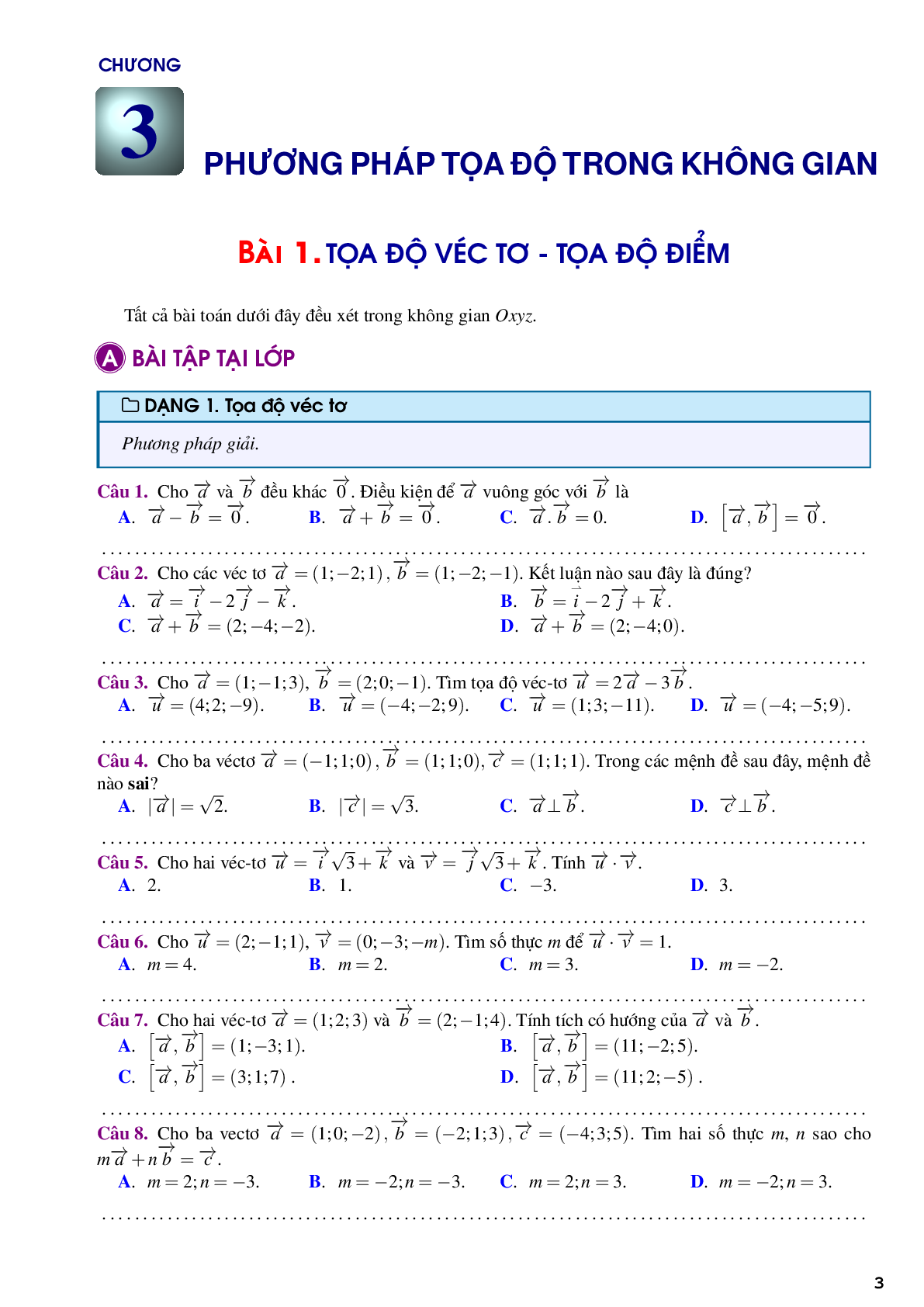 Bài tập trắc nghiệm về phương pháp tọa độ trong không gian (trang 3)