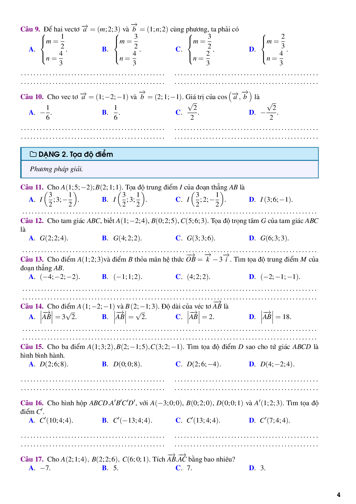 Bài tập trắc nghiệm về phương pháp tọa độ trong không gian (trang 4)