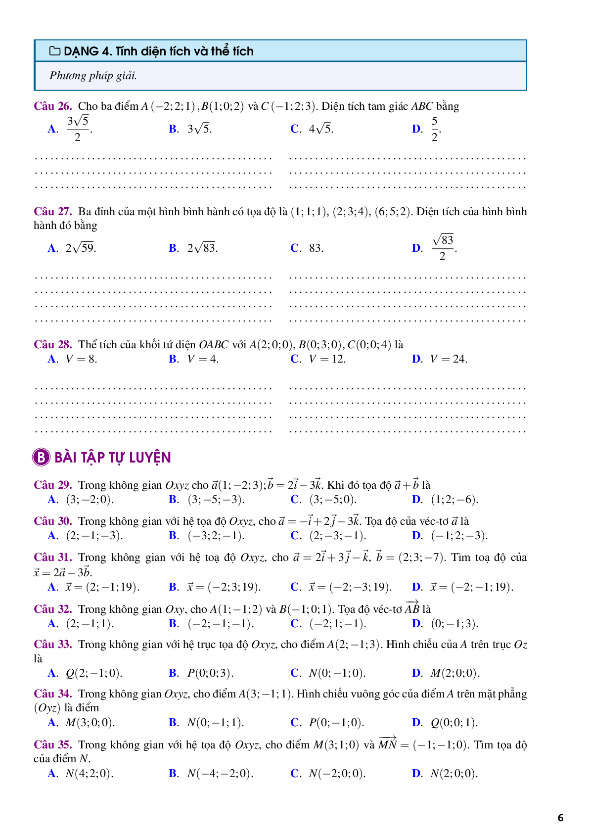 Bài tập trắc nghiệm về phương pháp tọa độ trong không gian (trang 6)
