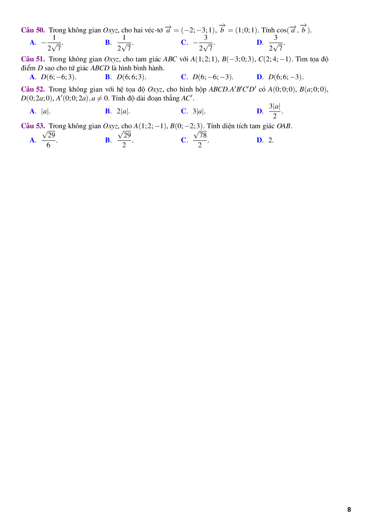 Bài tập trắc nghiệm về phương pháp tọa độ trong không gian (trang 8)