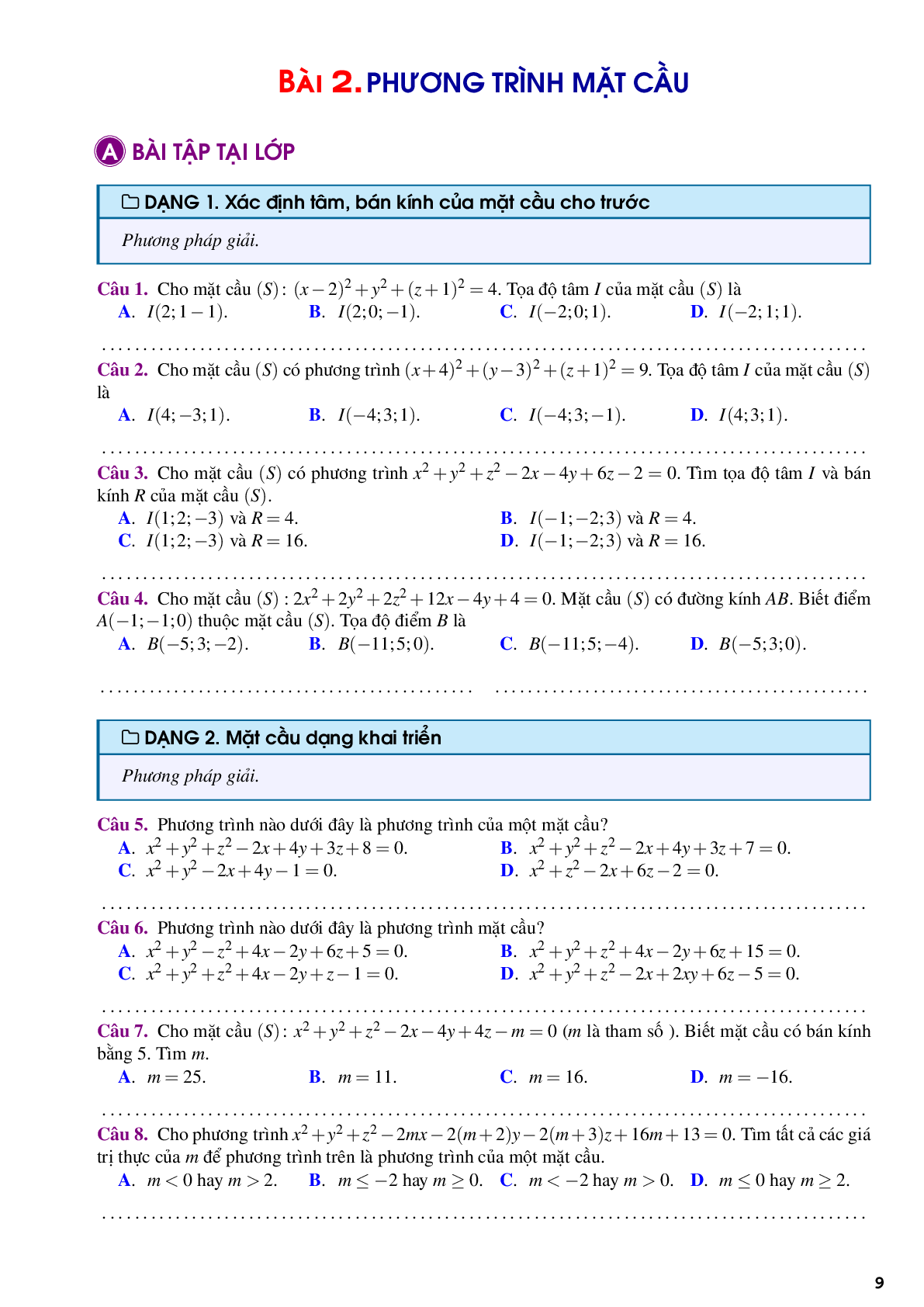 Bài tập trắc nghiệm về phương pháp tọa độ trong không gian (trang 9)