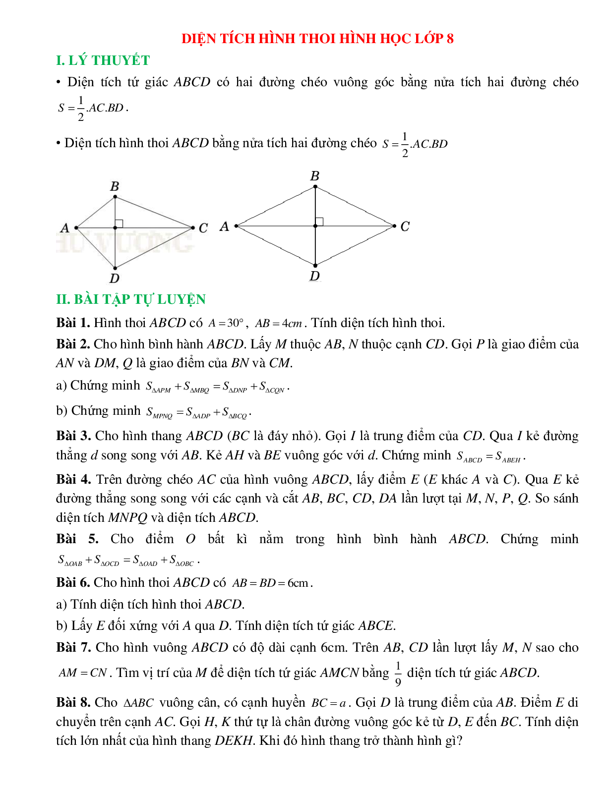 Diện tích hình thoi hình học lớp 8 (trang 1)