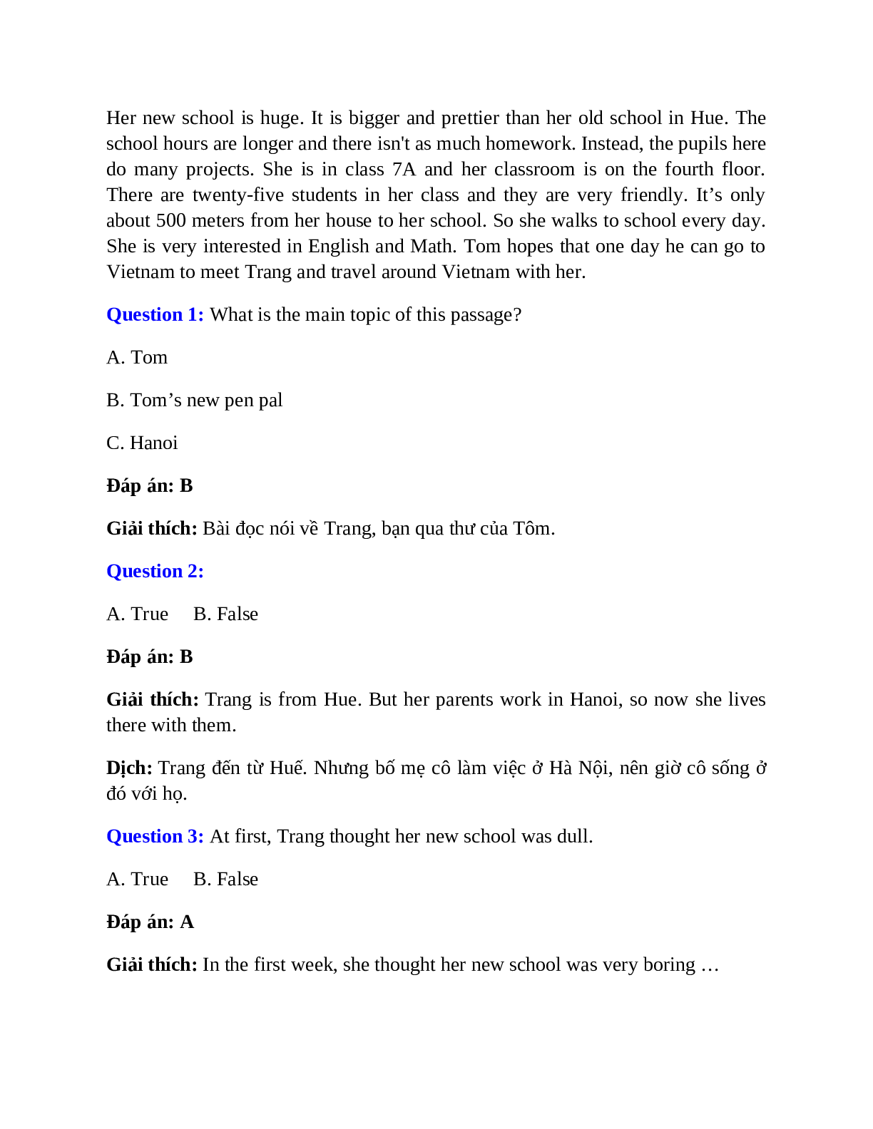 Trắc nghiệm Tiếng Anh 7 Unit 1 có đáp án: Back to school (trang 7)