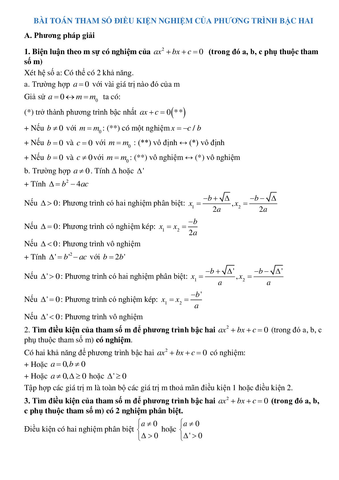 Bài toán tham số trong phương trình bậc hai chọn lọc (trang 1)