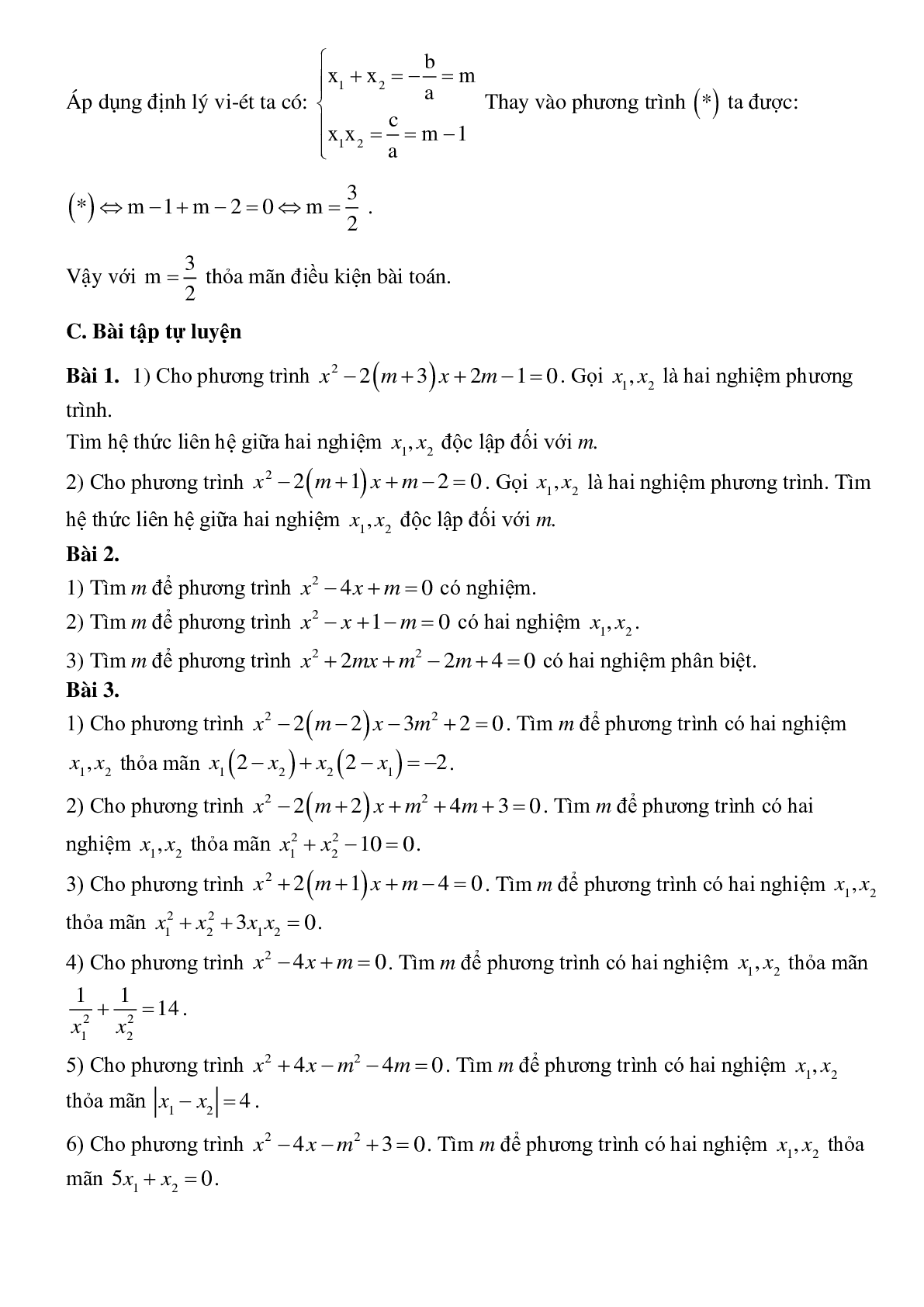 Bài toán tham số trong phương trình bậc hai chọn lọc (trang 6)