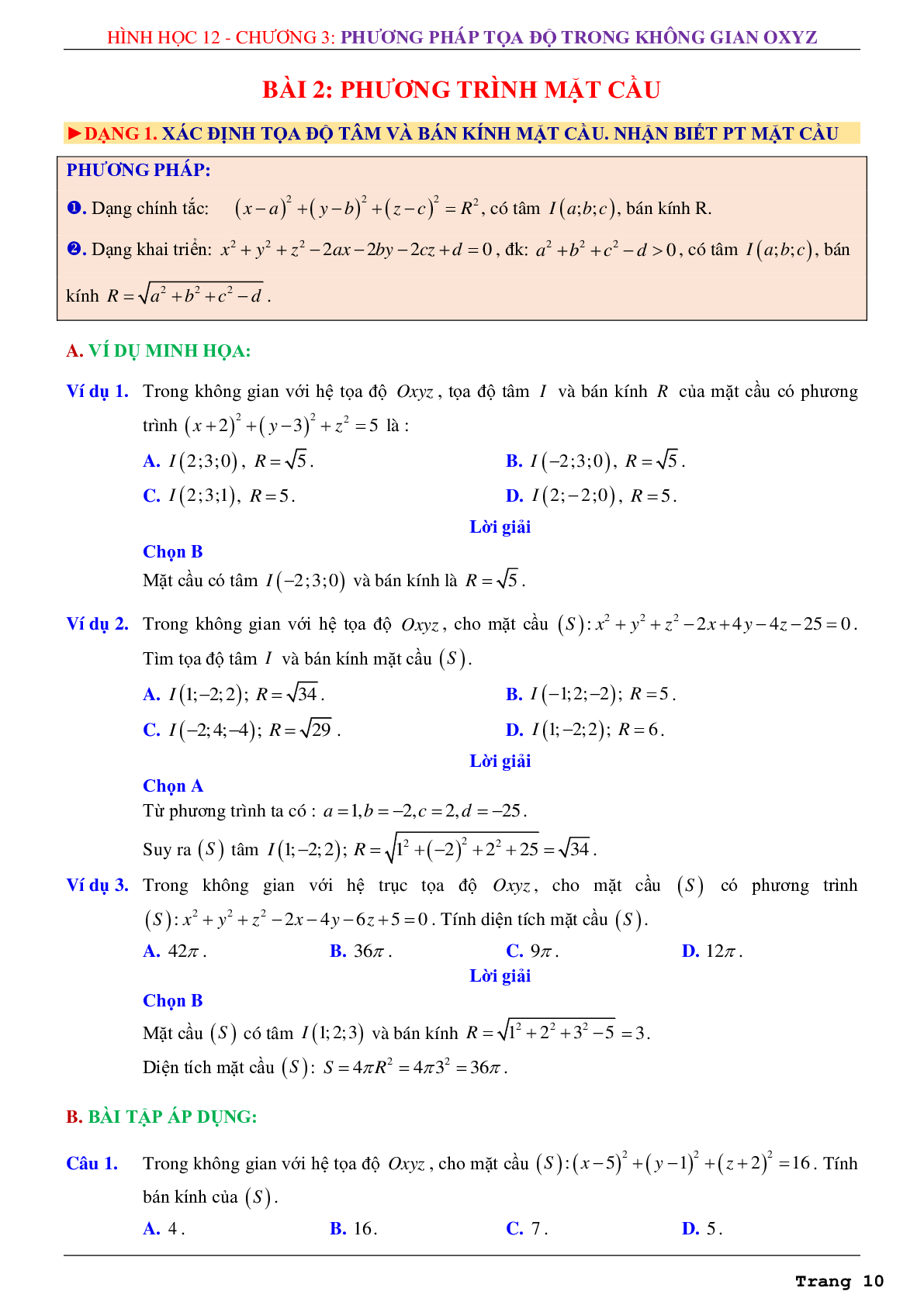 Chuyên đề phương pháp tọa độ trong không gian Oxyz (trang 10)