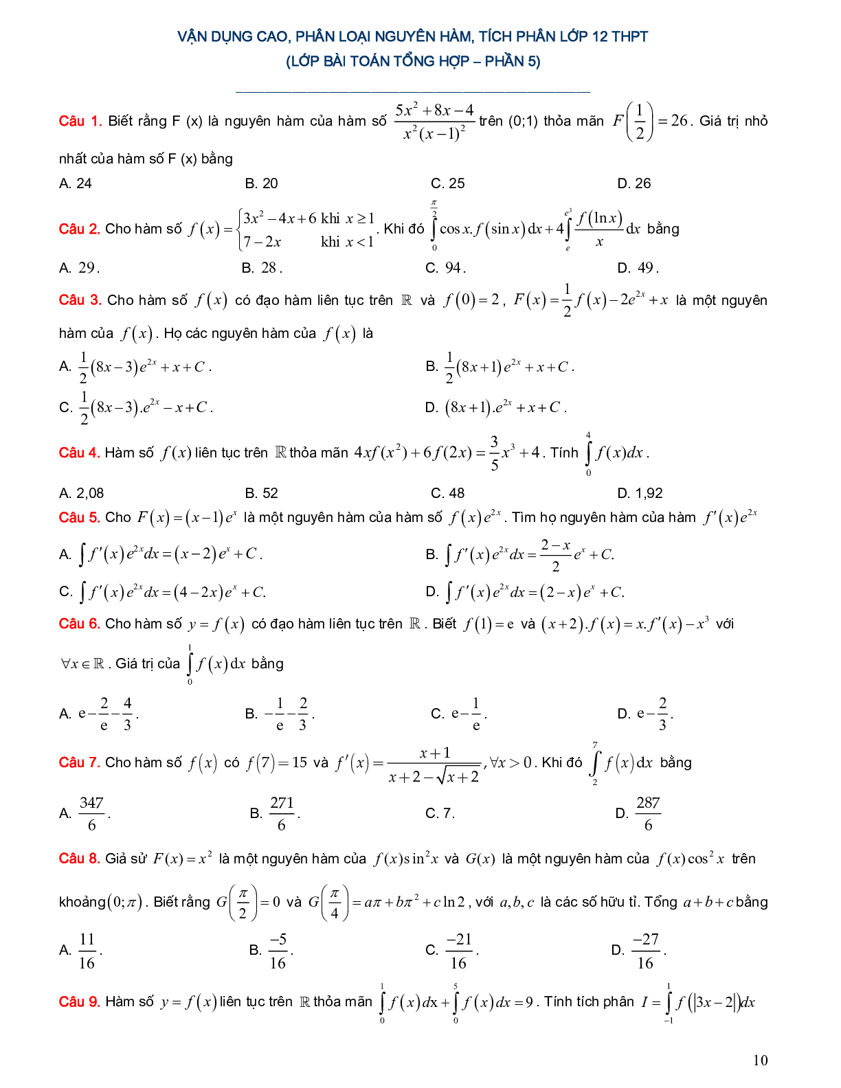 Hệ thống bài tập trắc nghiệm vận dụng cao phân loại nguyên hàm tích phân (trang 10)