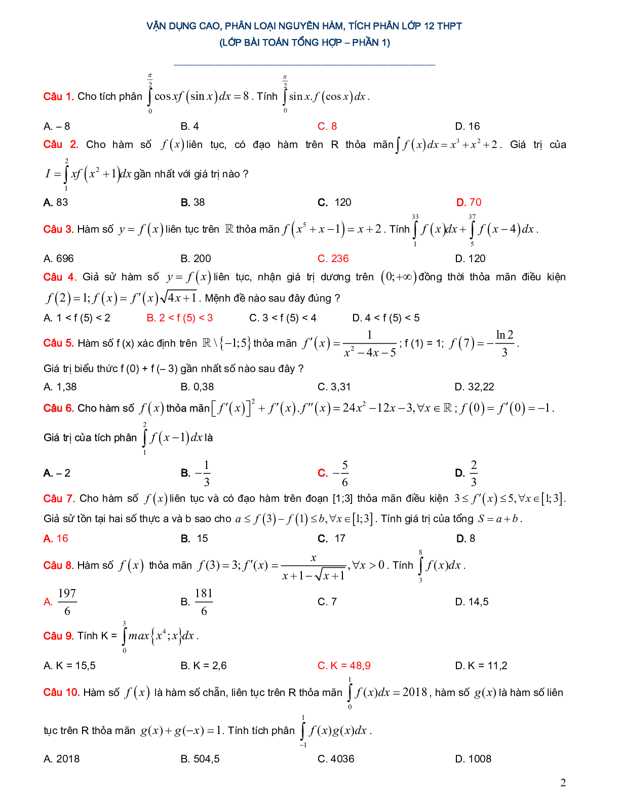 Hệ thống bài tập trắc nghiệm vận dụng cao phân loại nguyên hàm tích phân (trang 2)