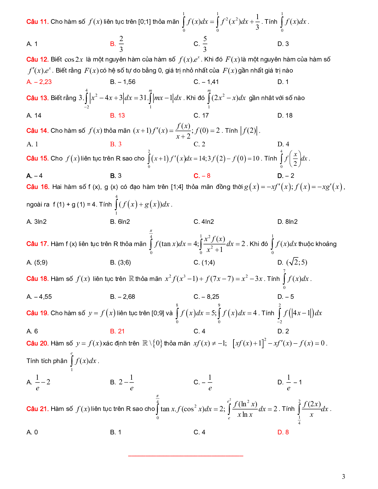 Hệ thống bài tập trắc nghiệm vận dụng cao phân loại nguyên hàm tích phân (trang 3)