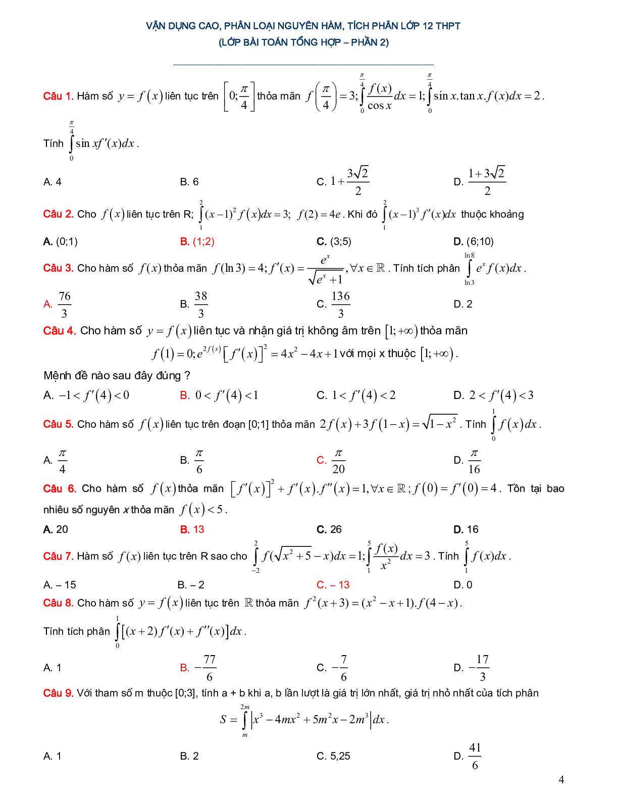Hệ thống bài tập trắc nghiệm vận dụng cao phân loại nguyên hàm tích phân (trang 4)