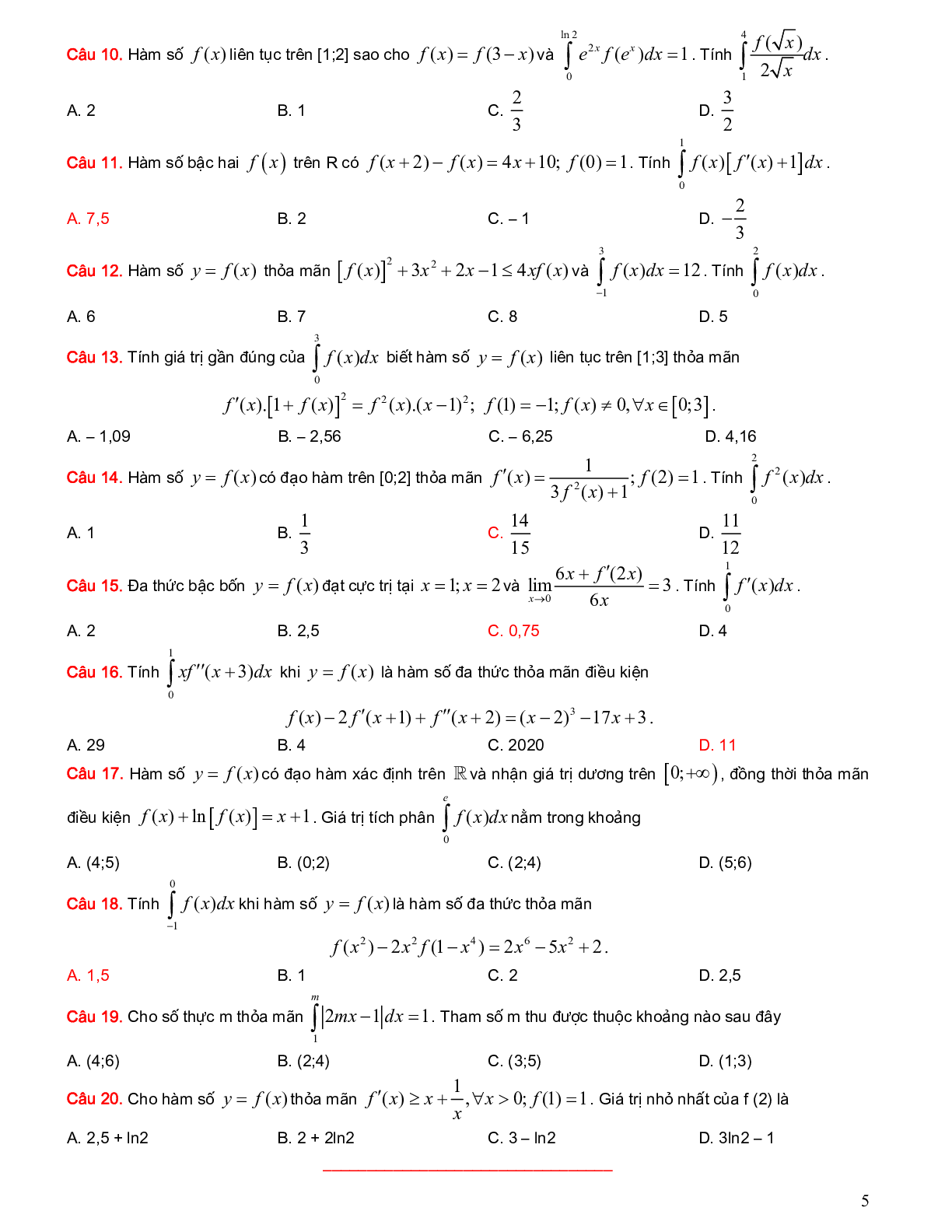 Hệ thống bài tập trắc nghiệm vận dụng cao phân loại nguyên hàm tích phân (trang 5)