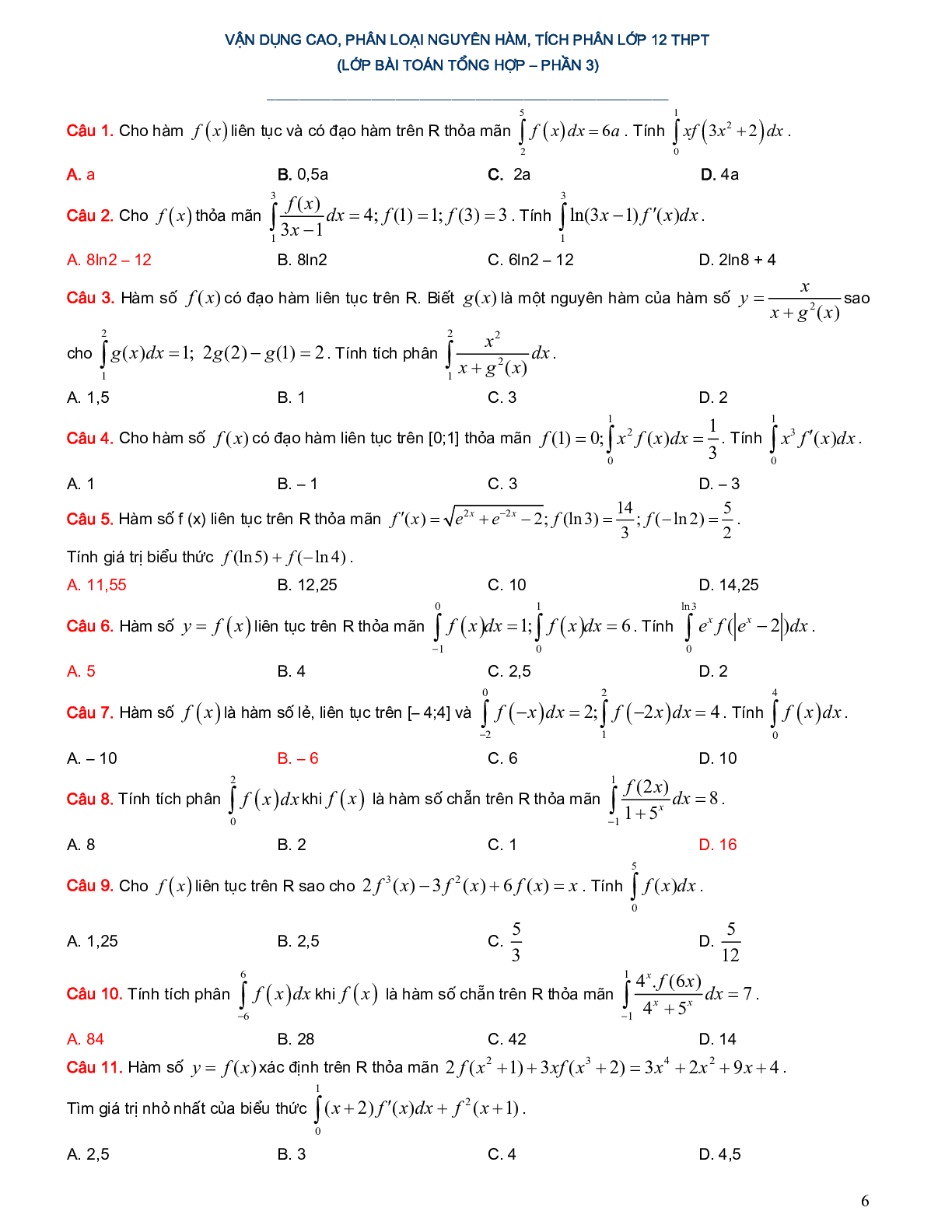 Hệ thống bài tập trắc nghiệm vận dụng cao phân loại nguyên hàm tích phân (trang 6)