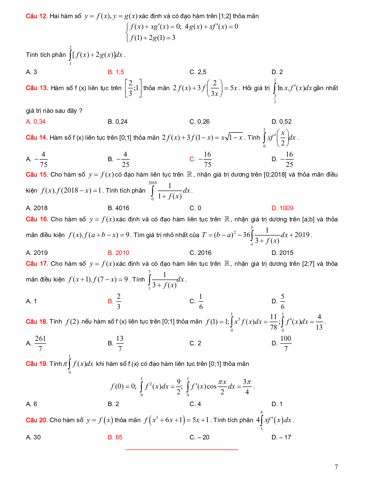 Hệ thống bài tập trắc nghiệm vận dụng cao phân loại nguyên hàm tích phân (trang 7)