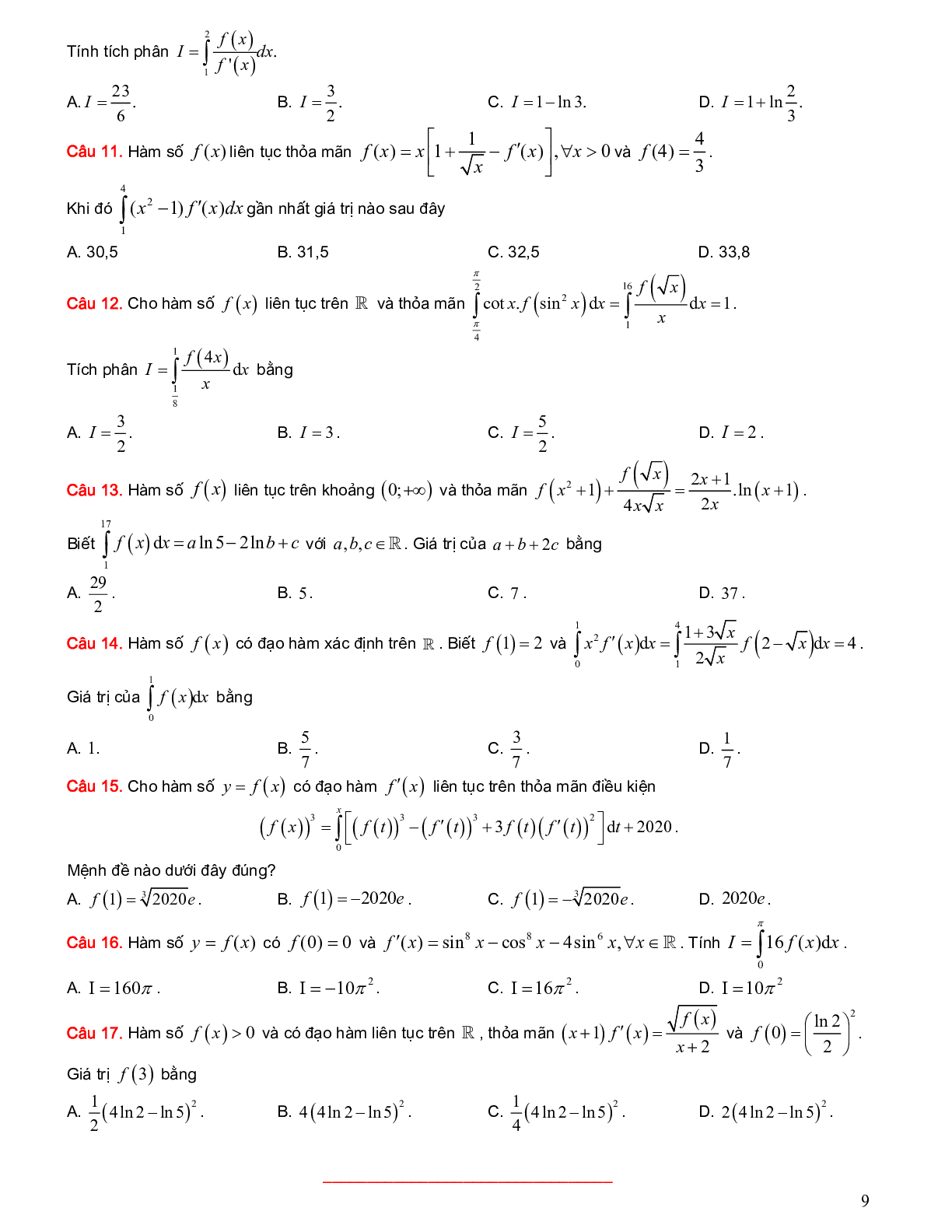 Hệ thống bài tập trắc nghiệm vận dụng cao phân loại nguyên hàm tích phân (trang 9)
