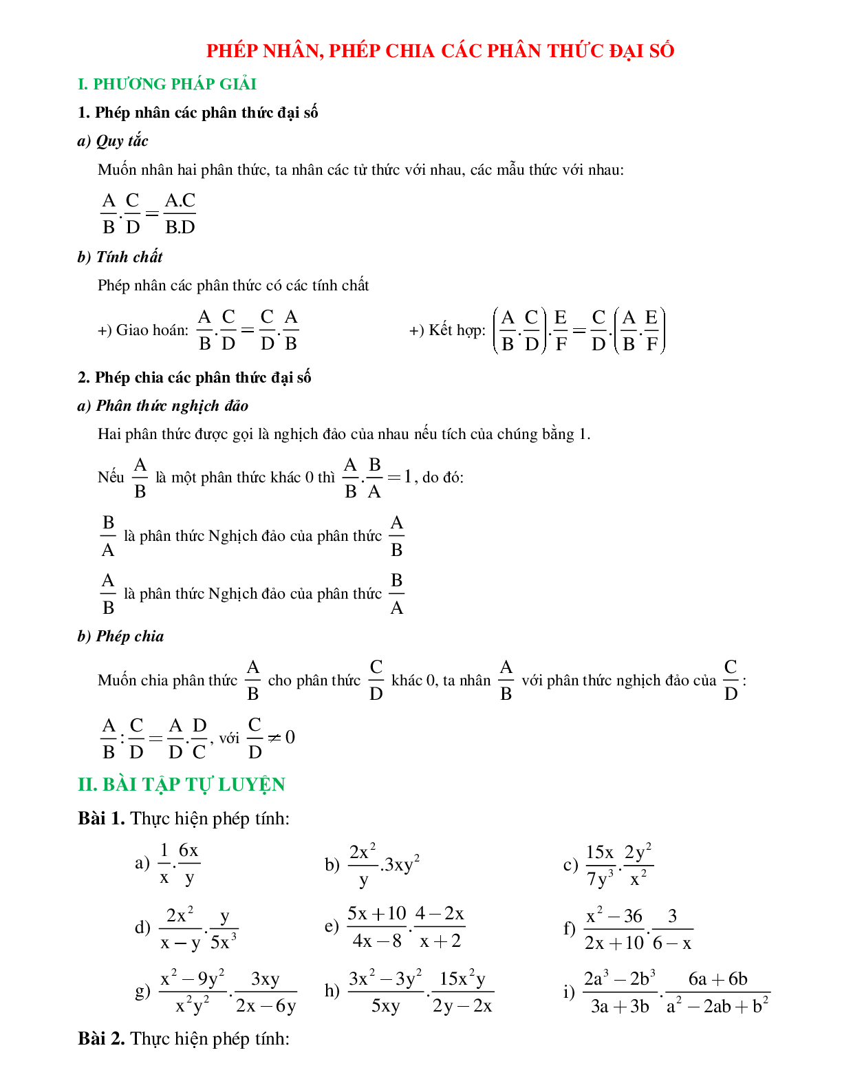Phép nhân, phép chia các phân thức đại số và phương pháp giải (trang 1)