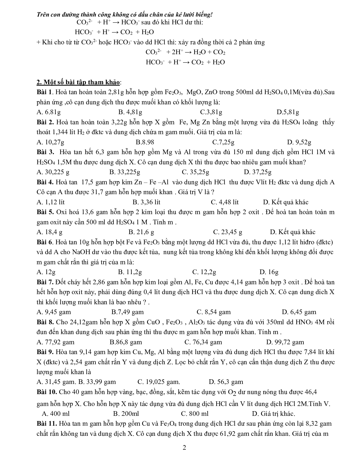 Tuyển tập phân loại 09 dạng bài tập Hóa học hay gặp nhất trong kỳ thi THPT Quốc gia (trang 2)