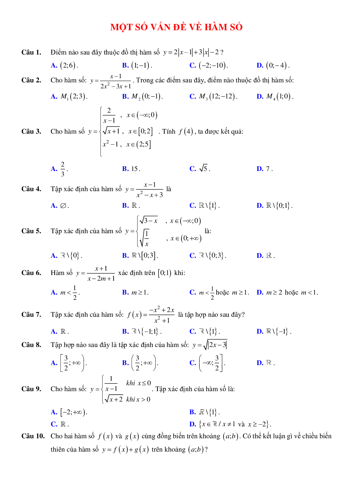 Tổng hợp các bài toán hay chuyên đề Hàm số bậc nhất và bậc hai (trang 1)