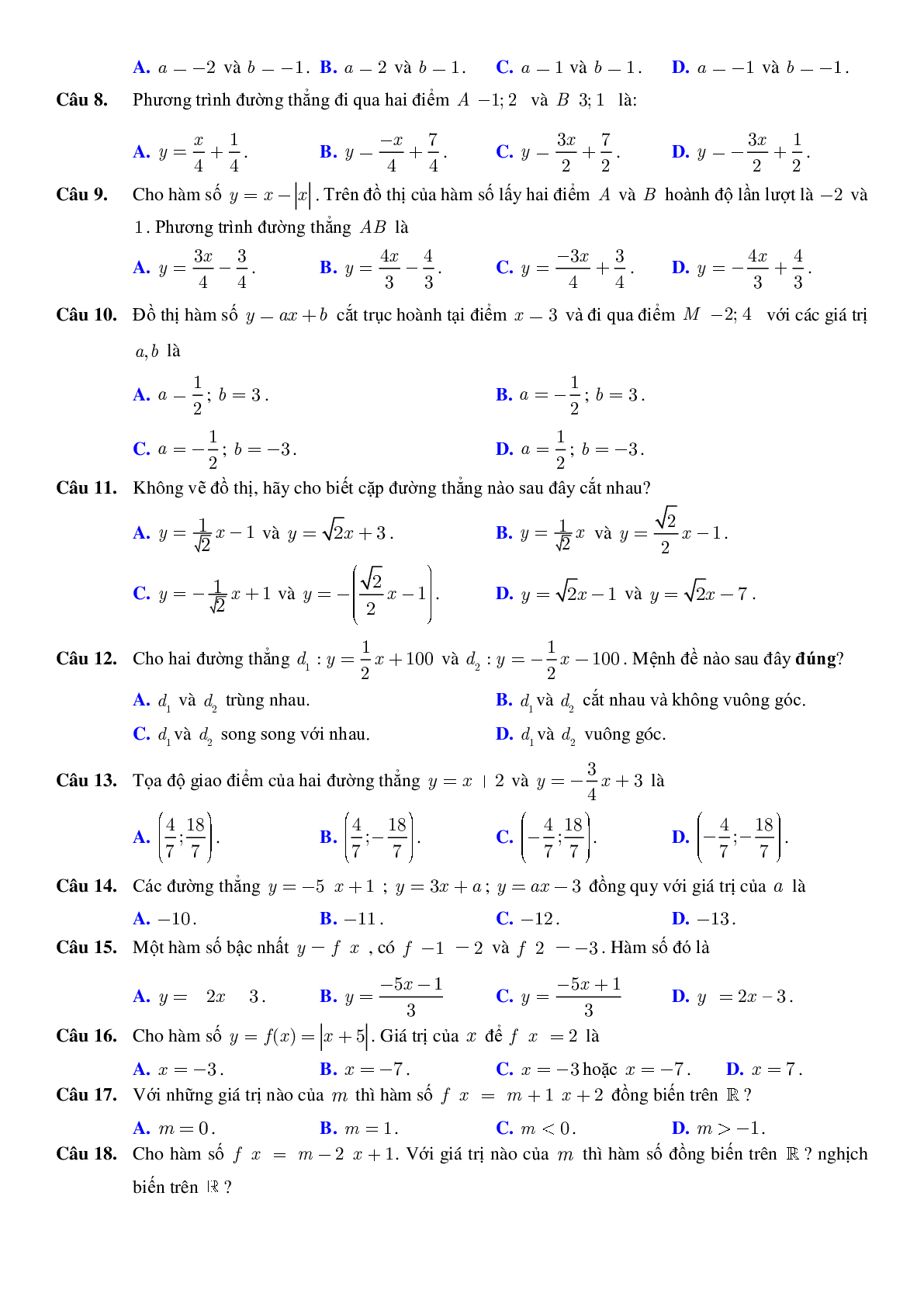 Tổng hợp các bài toán hay chuyên đề Hàm số bậc nhất và bậc hai (trang 7)