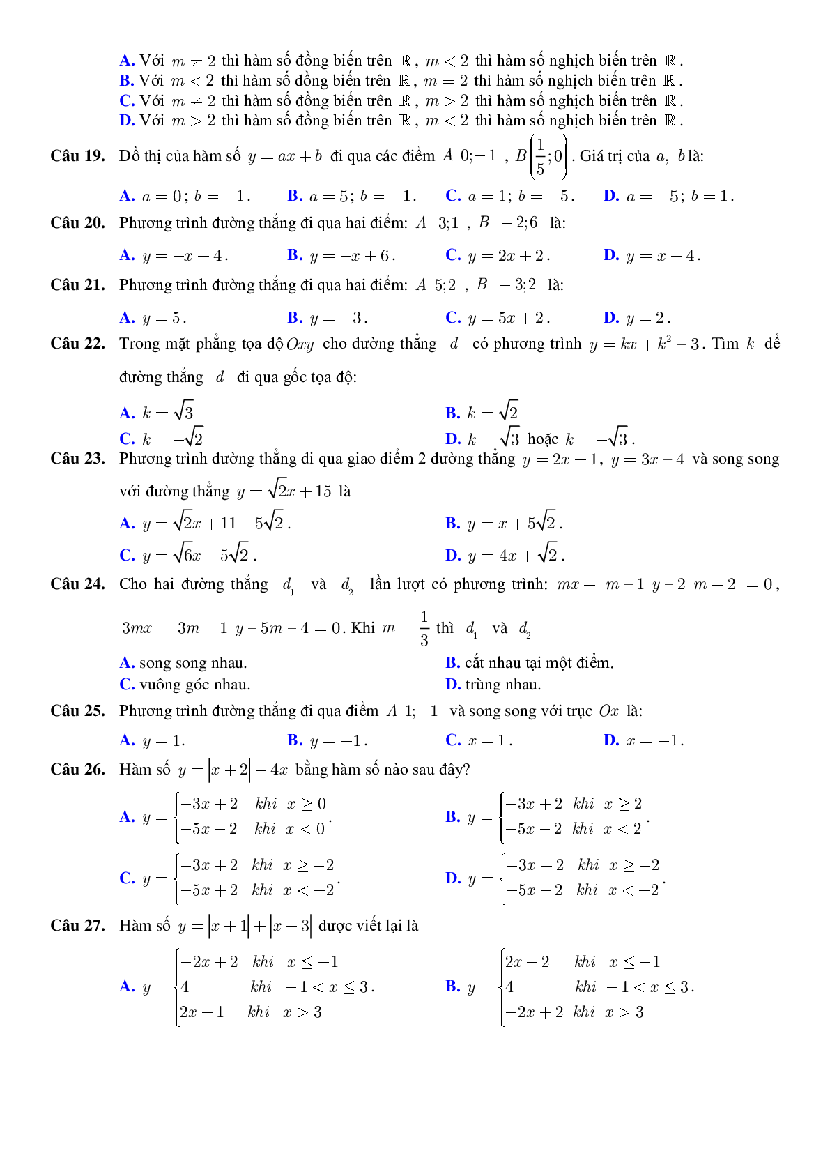 Tổng hợp các bài toán hay chuyên đề Hàm số bậc nhất và bậc hai (trang 8)