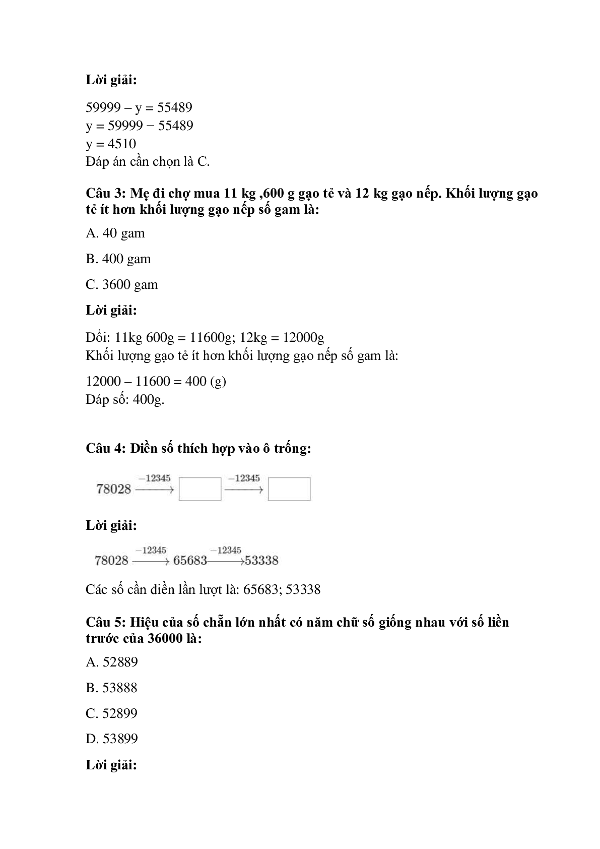 Trắc nghiệm  Phép trừ các số trong phạm vi 100 000 có đáp án – Toán lớp 3 (trang 2)
