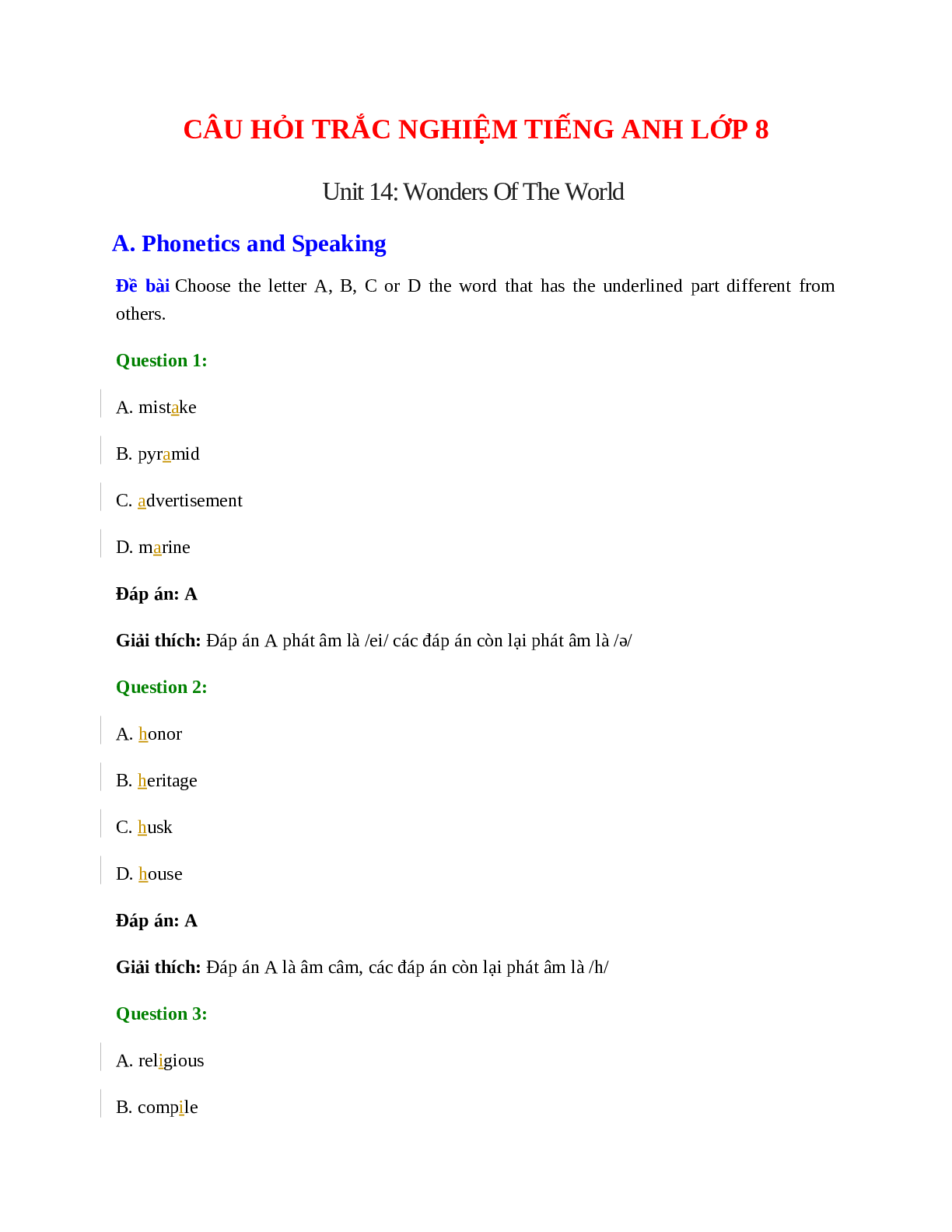 60 câu Trắc nghiệm Tiếng Anh 8 Unit 14 có đáp án 2023: Wonders Of The World (trang 1)