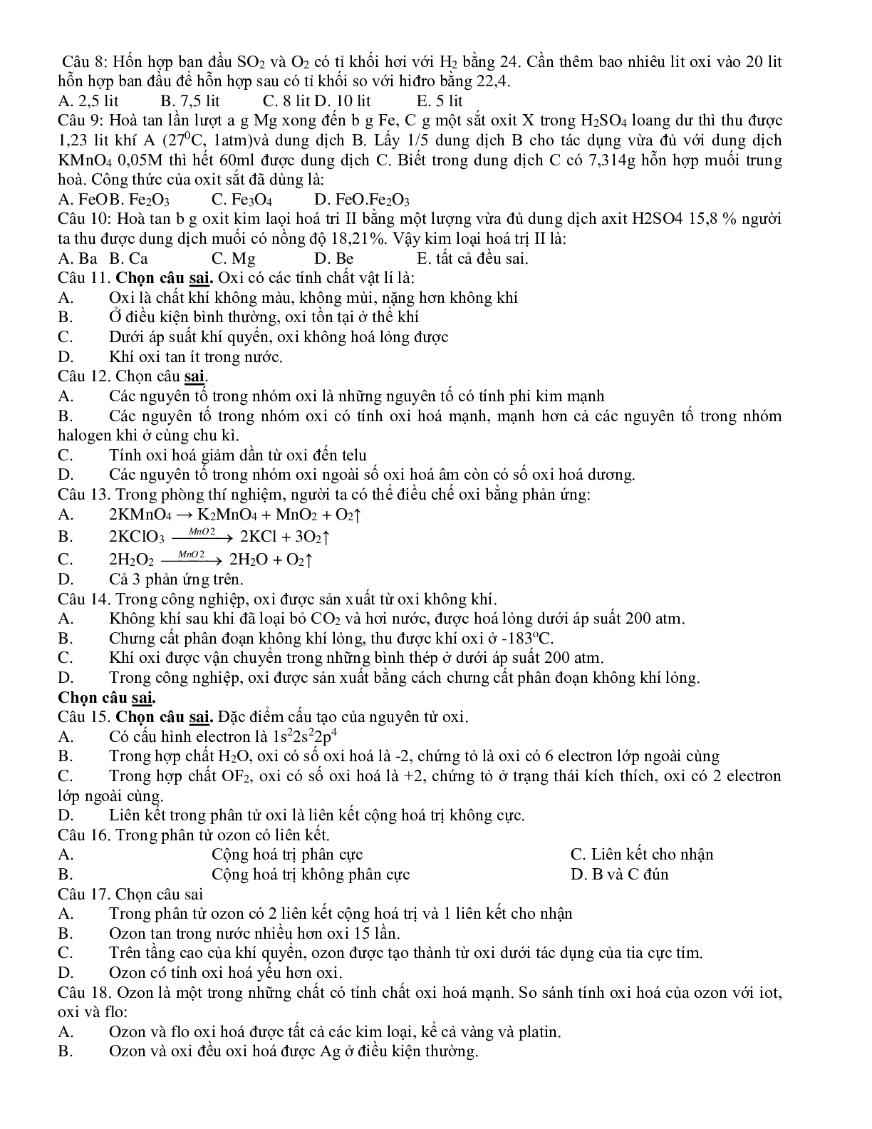 50 câu trắc nghiệm Oxi - Lưu huỳnh Hóa lớp 10 có đáp án (trang 2)