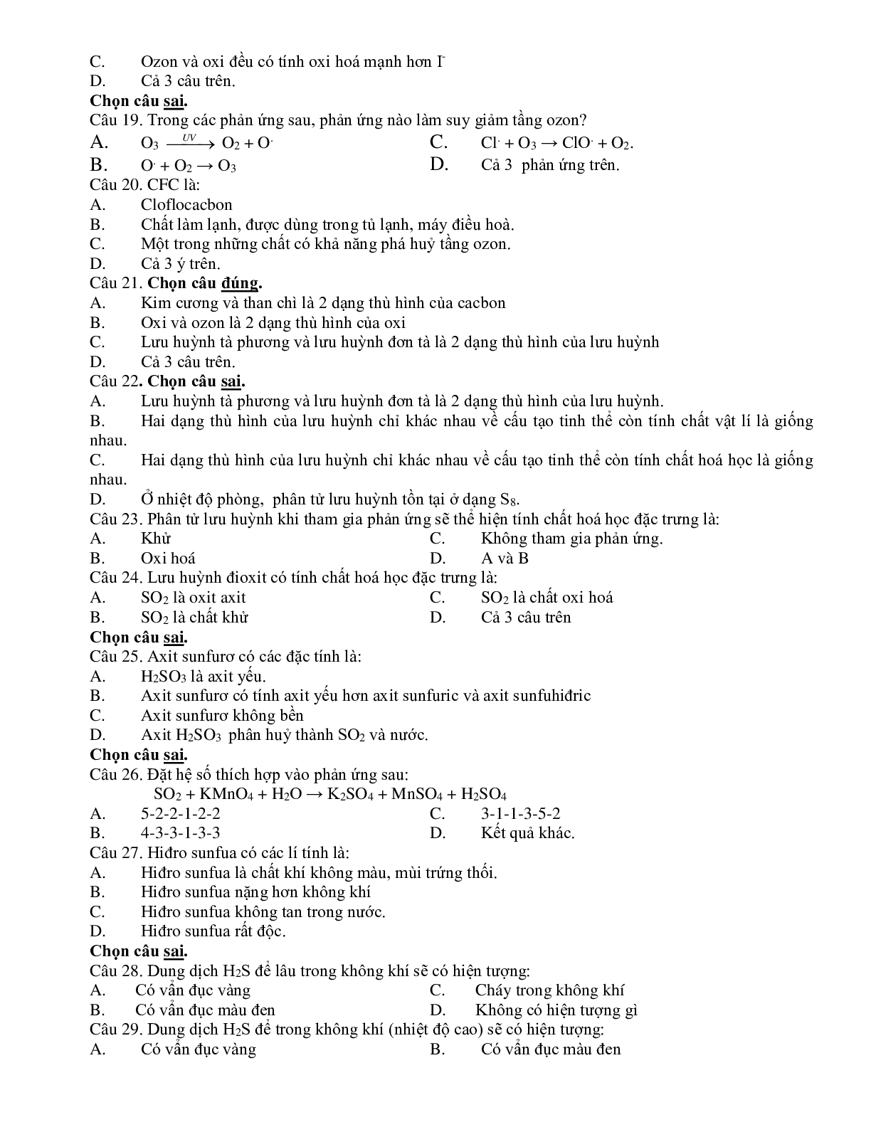 50 câu trắc nghiệm Oxi - Lưu huỳnh Hóa lớp 10 có đáp án (trang 3)