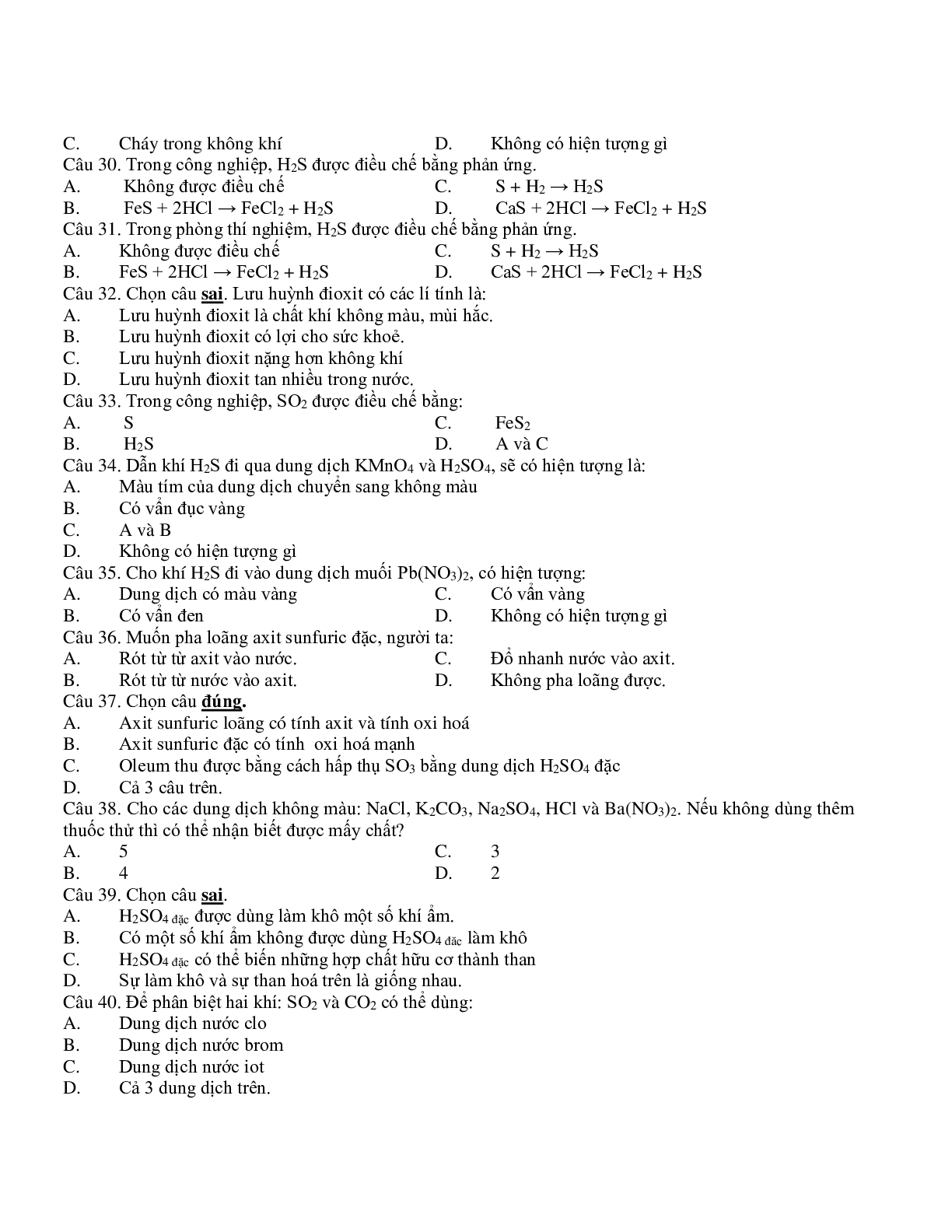 50 câu trắc nghiệm Oxi - Lưu huỳnh Hóa lớp 10 có đáp án (trang 4)