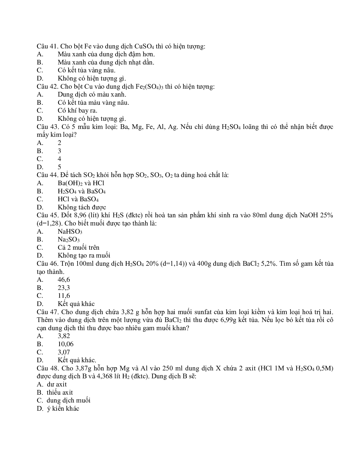 50 câu trắc nghiệm Oxi - Lưu huỳnh Hóa lớp 10 có đáp án (trang 5)