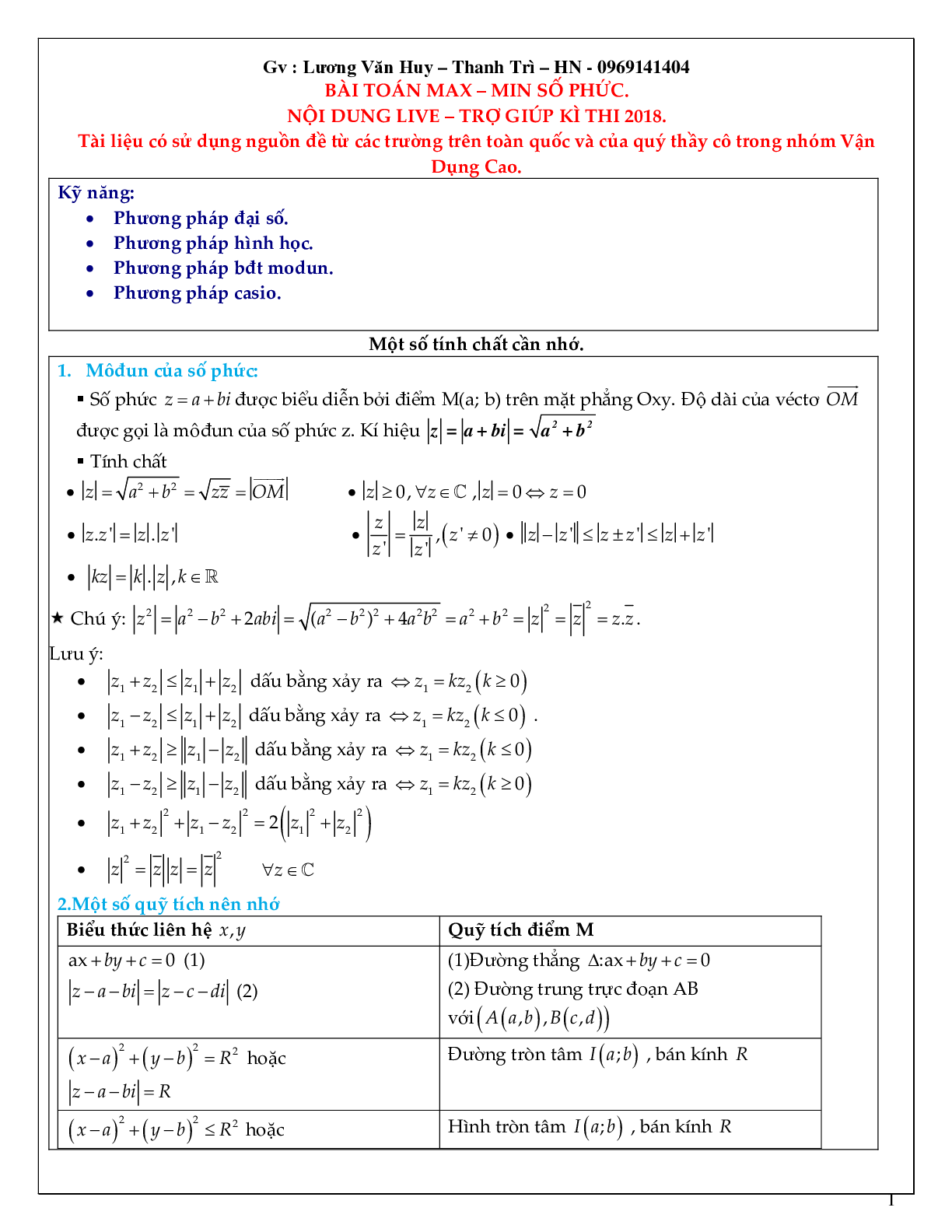 Bài toán tìm min – max số phức có lời giải chi tiết (trang 1)