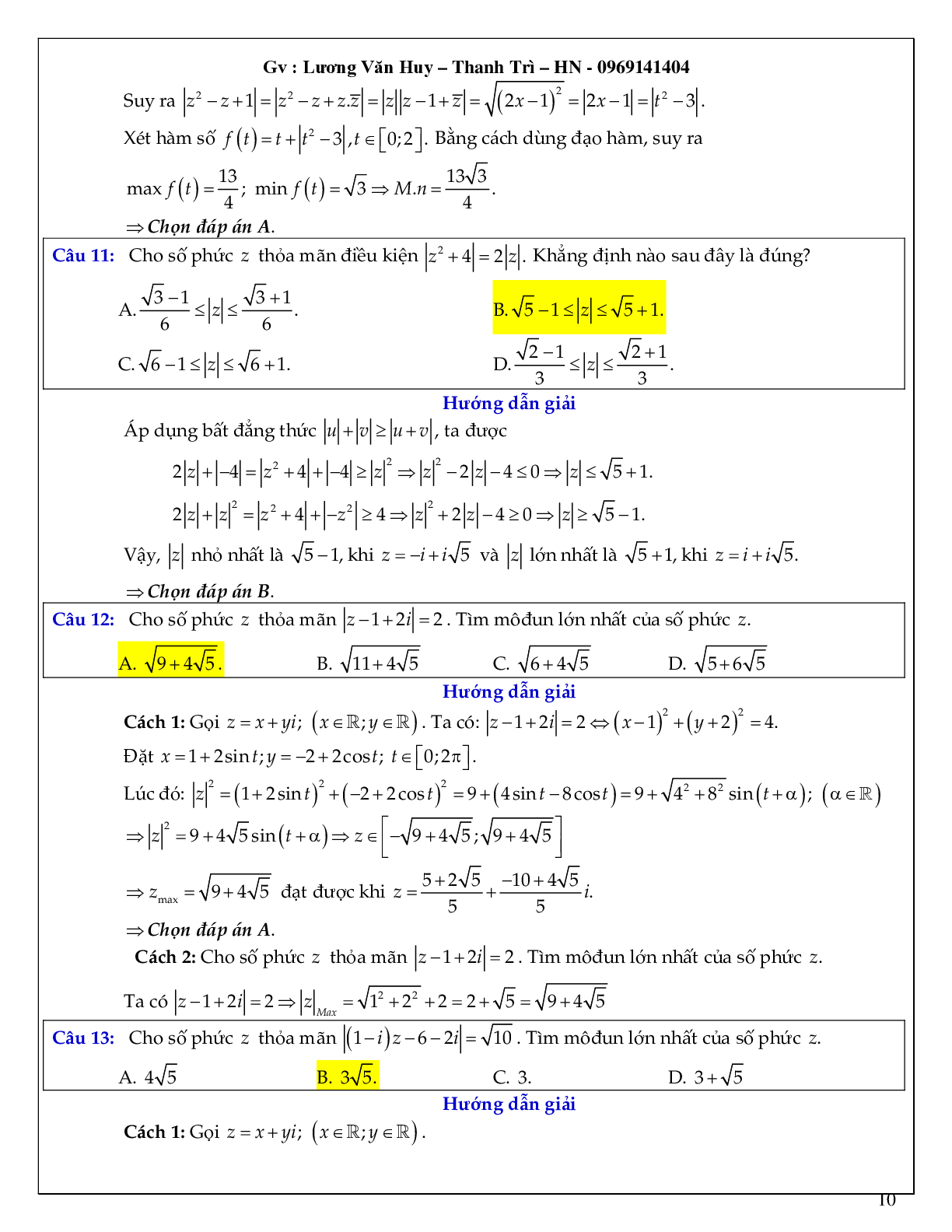 Bài toán tìm min – max số phức có lời giải chi tiết (trang 10)