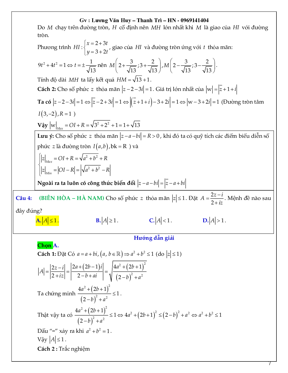 Bài toán tìm min – max số phức có lời giải chi tiết (trang 7)