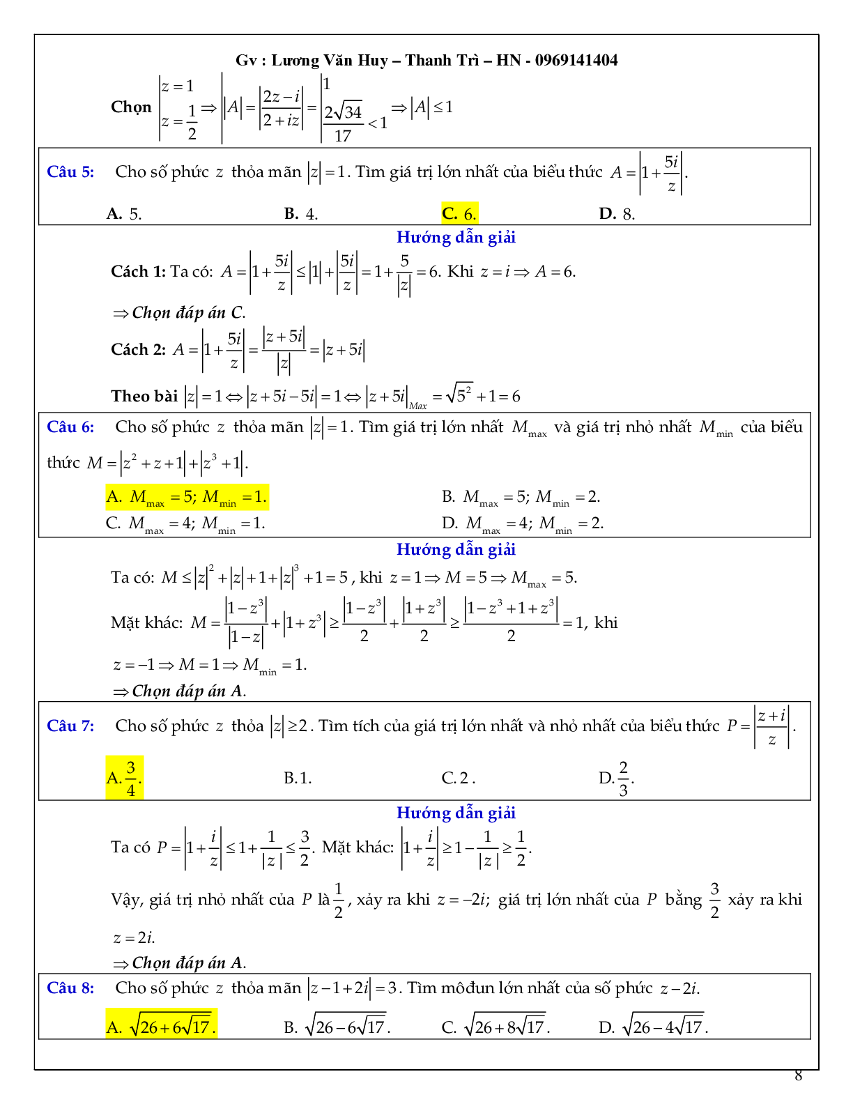 Bài toán tìm min – max số phức có lời giải chi tiết (trang 8)