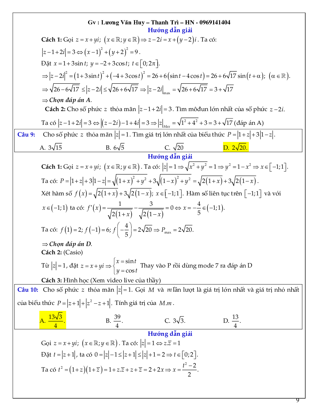 Bài toán tìm min – max số phức có lời giải chi tiết (trang 9)
