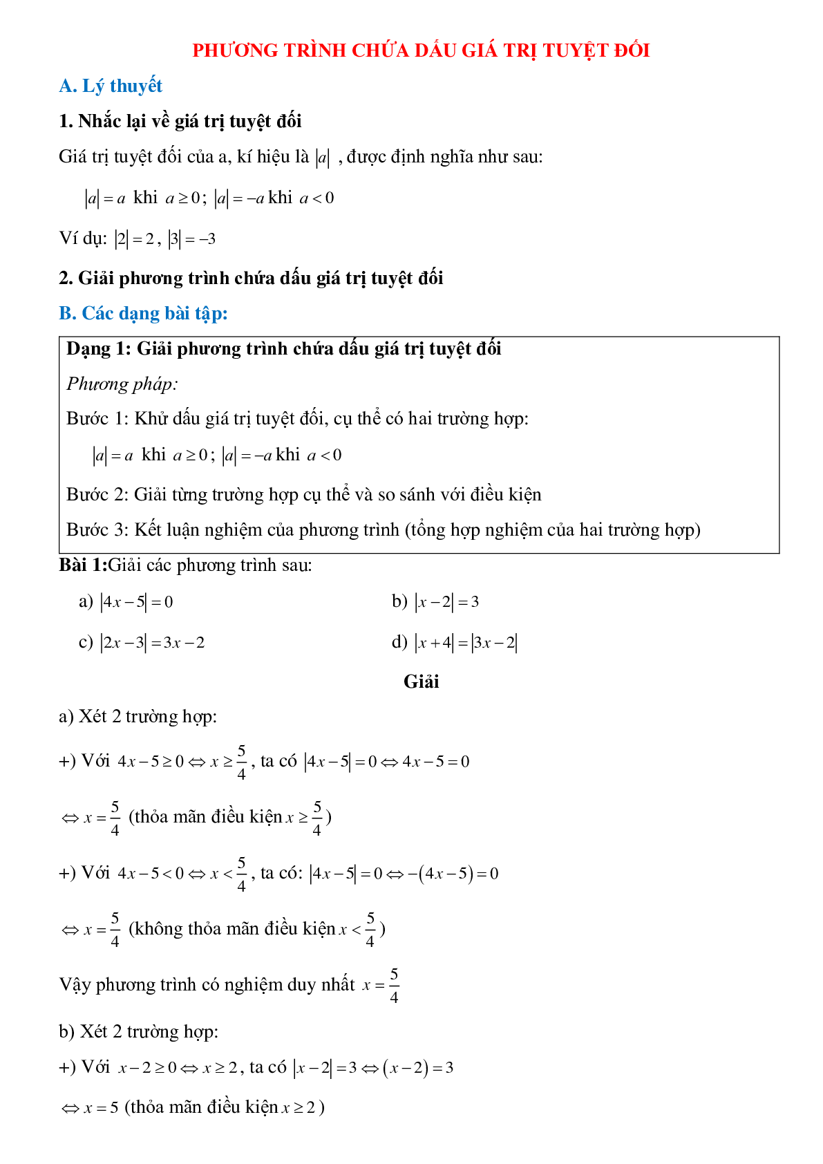 50 Bài tập Phương trình chứa dấu giá trị tuyệt đối (có đáp án)- Toán 8 (trang 1)