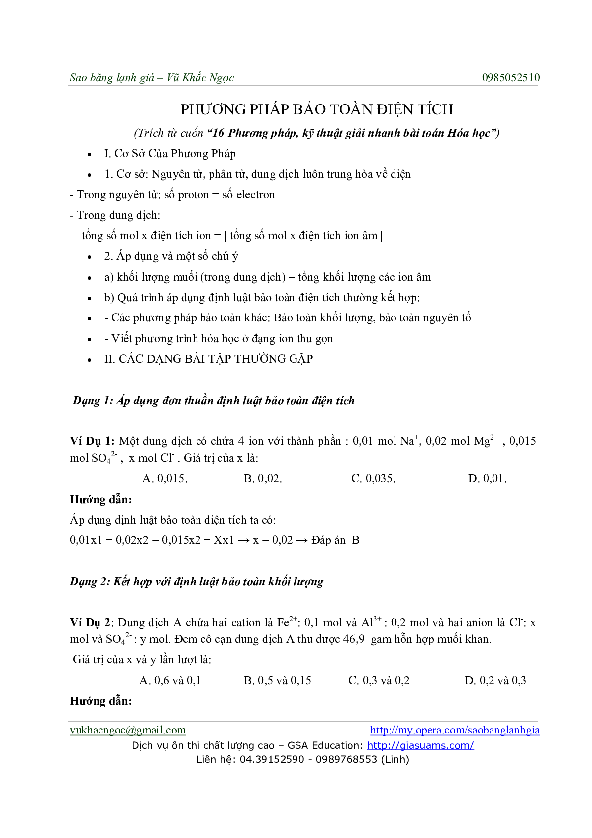 Chuyên đề Phương pháp Bảo toàn điện tích môn Hóa học lớp 11 (trang 1)