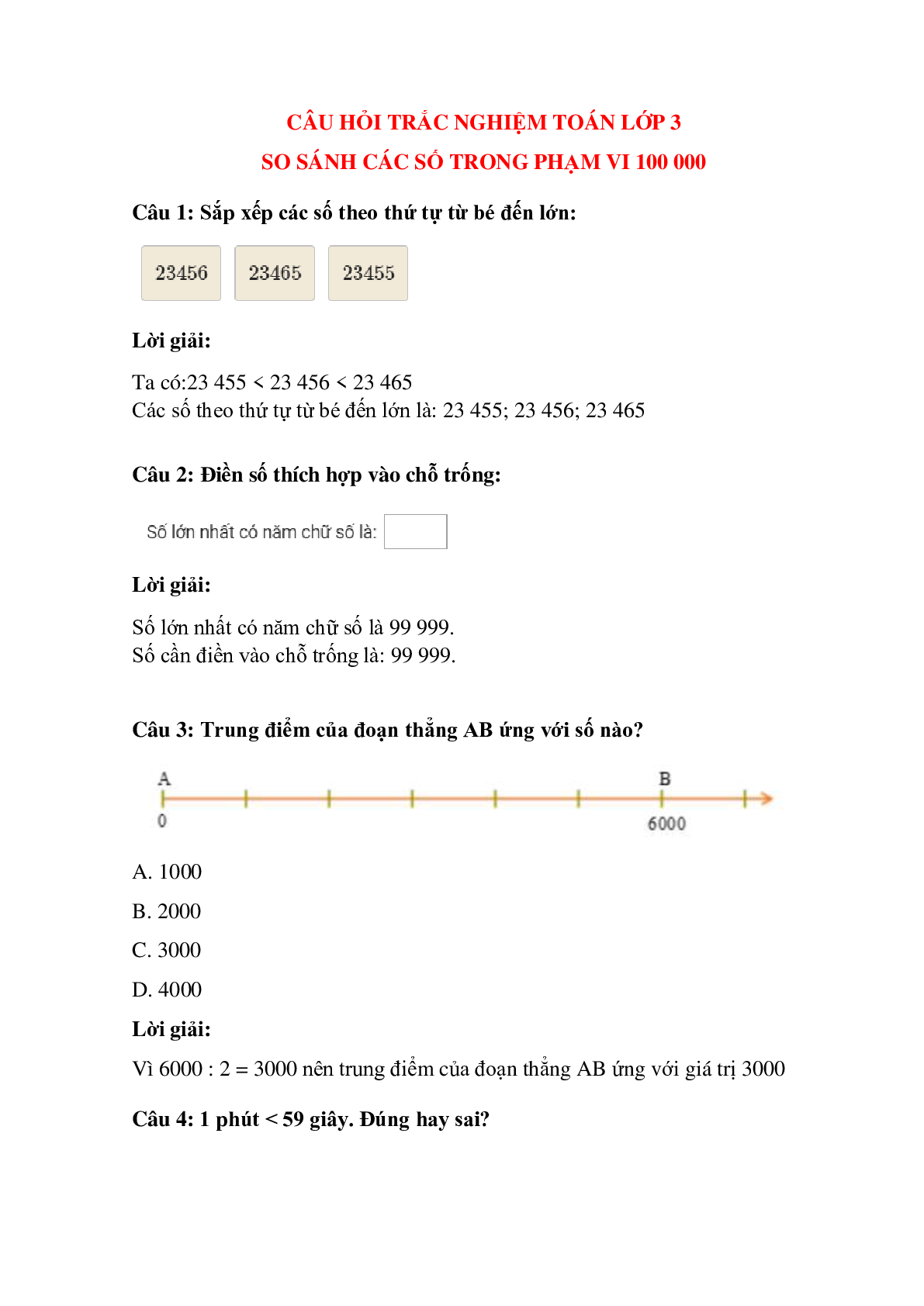 Trắc nghiệm So sánh các số trong phạm vi 100 000 có đáp án – Toán lớp 3 (trang 1)