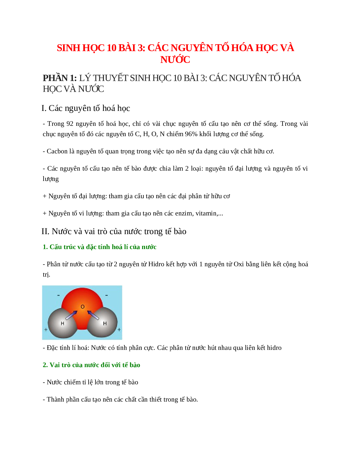 Sinh học 10 Bài 3 (Lý thuyết và trắc nghiệm): Các nguyên tố hóa học và nước (trang 1)