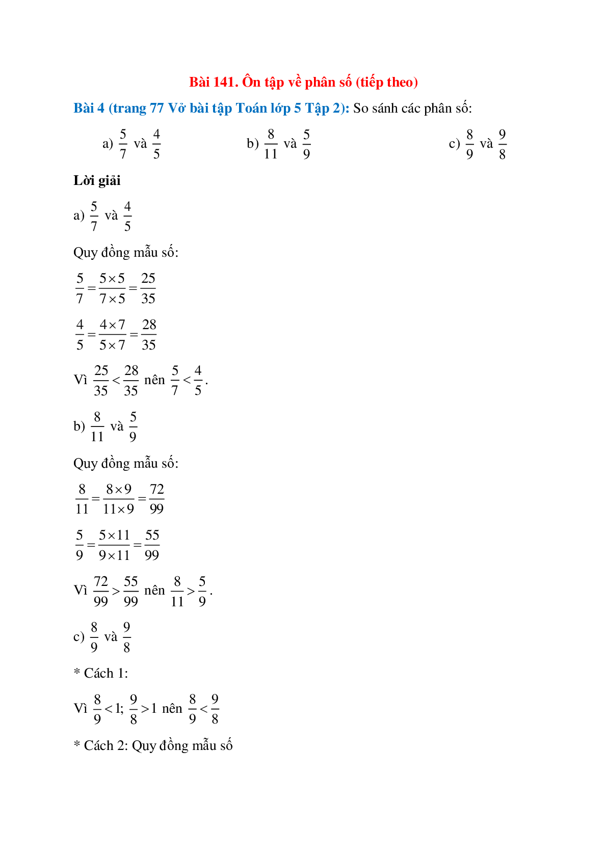 So sánh các phân số: 5/7 và 4/5                                     (trang 1)