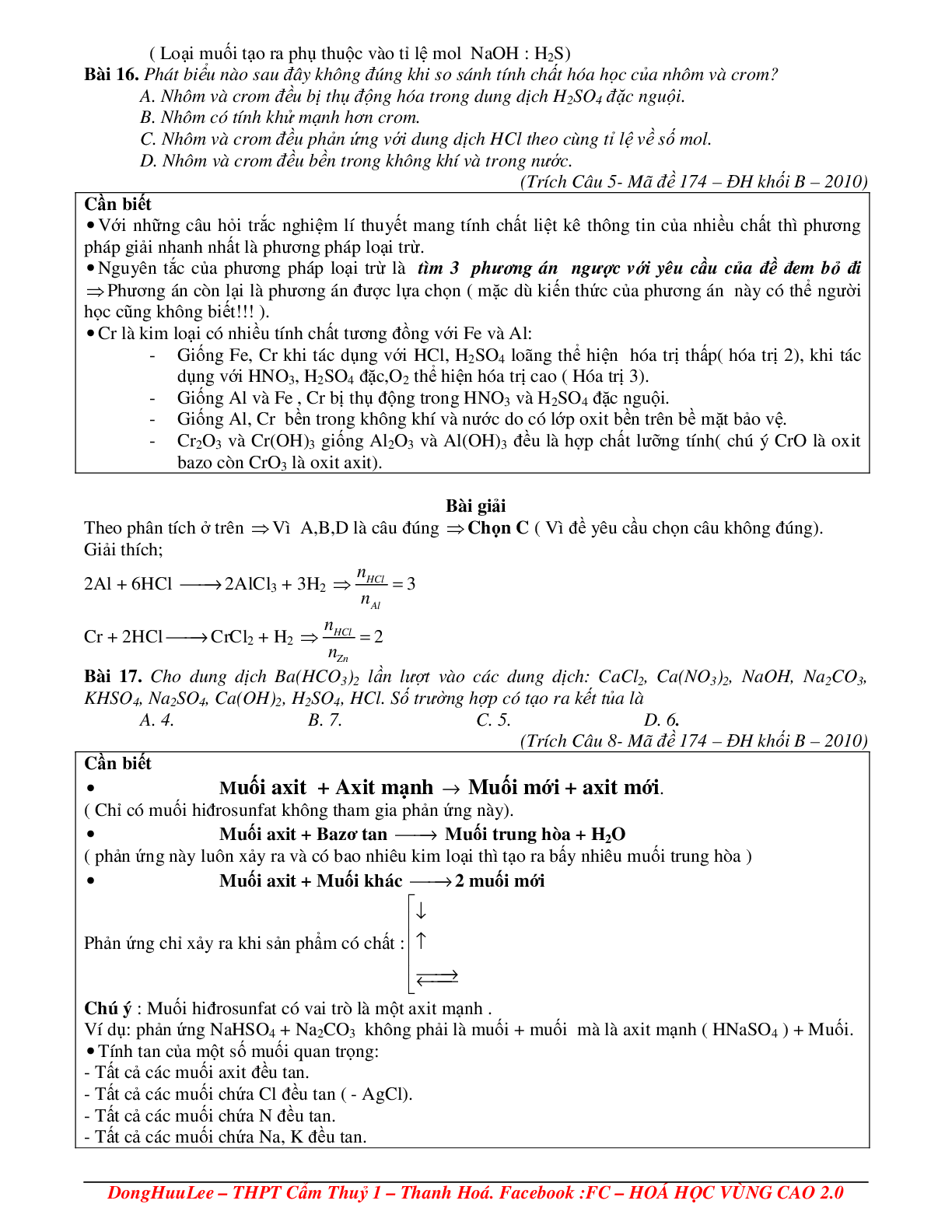 Lý thuyết, bài tập về hóa học vô cơ có đáp án, chọn lọc (trang 10)