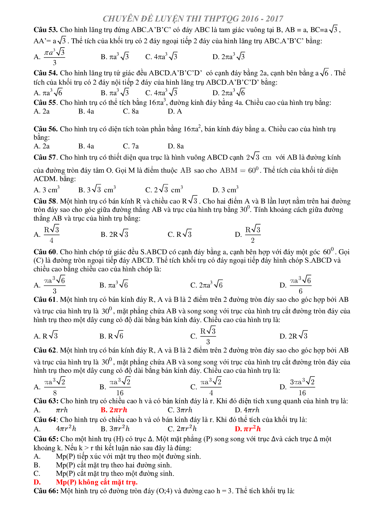 240 câu trắc nghiệm khối trụ - khối nón - khối cầu có đáp án 2023 (trang 7)