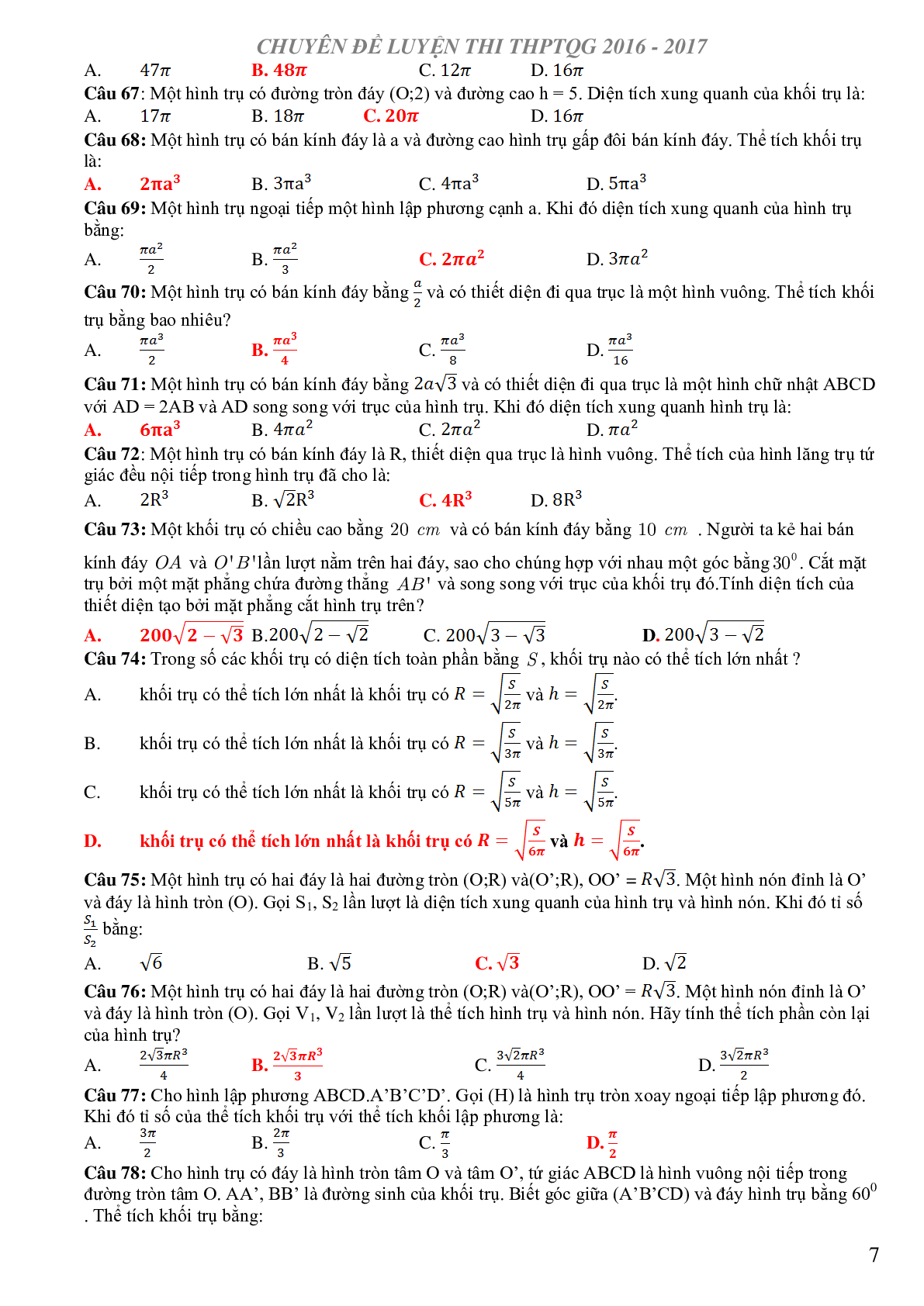 240 câu trắc nghiệm khối trụ - khối nón - khối cầu có đáp án 2023 (trang 8)