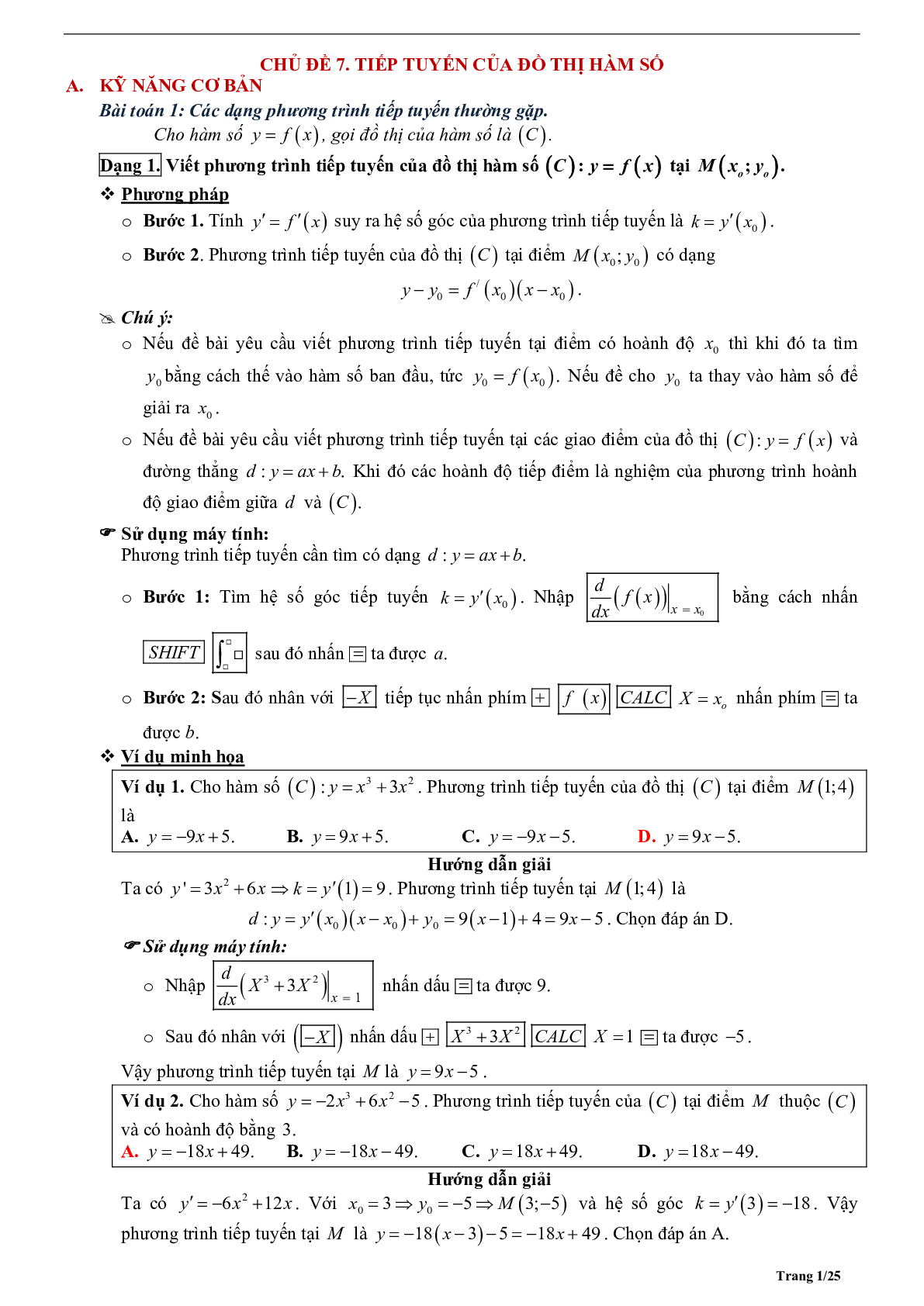 Tóm tắt lý thuyết và bài tập trắc nghiệm về tiếp tuyến của đồ thị hàm số (trang 1)