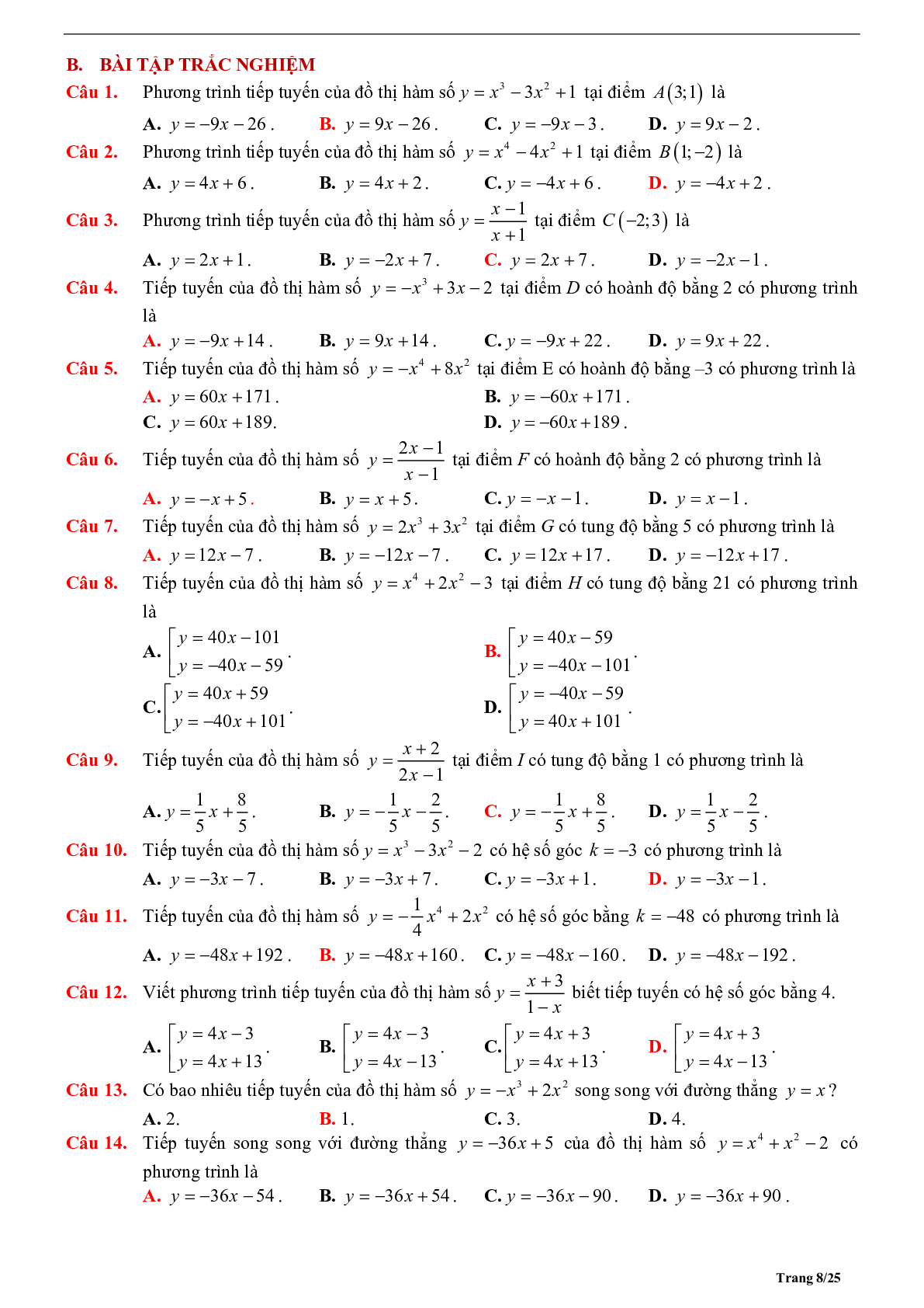 Tóm tắt lý thuyết và bài tập trắc nghiệm về tiếp tuyến của đồ thị hàm số (trang 8)